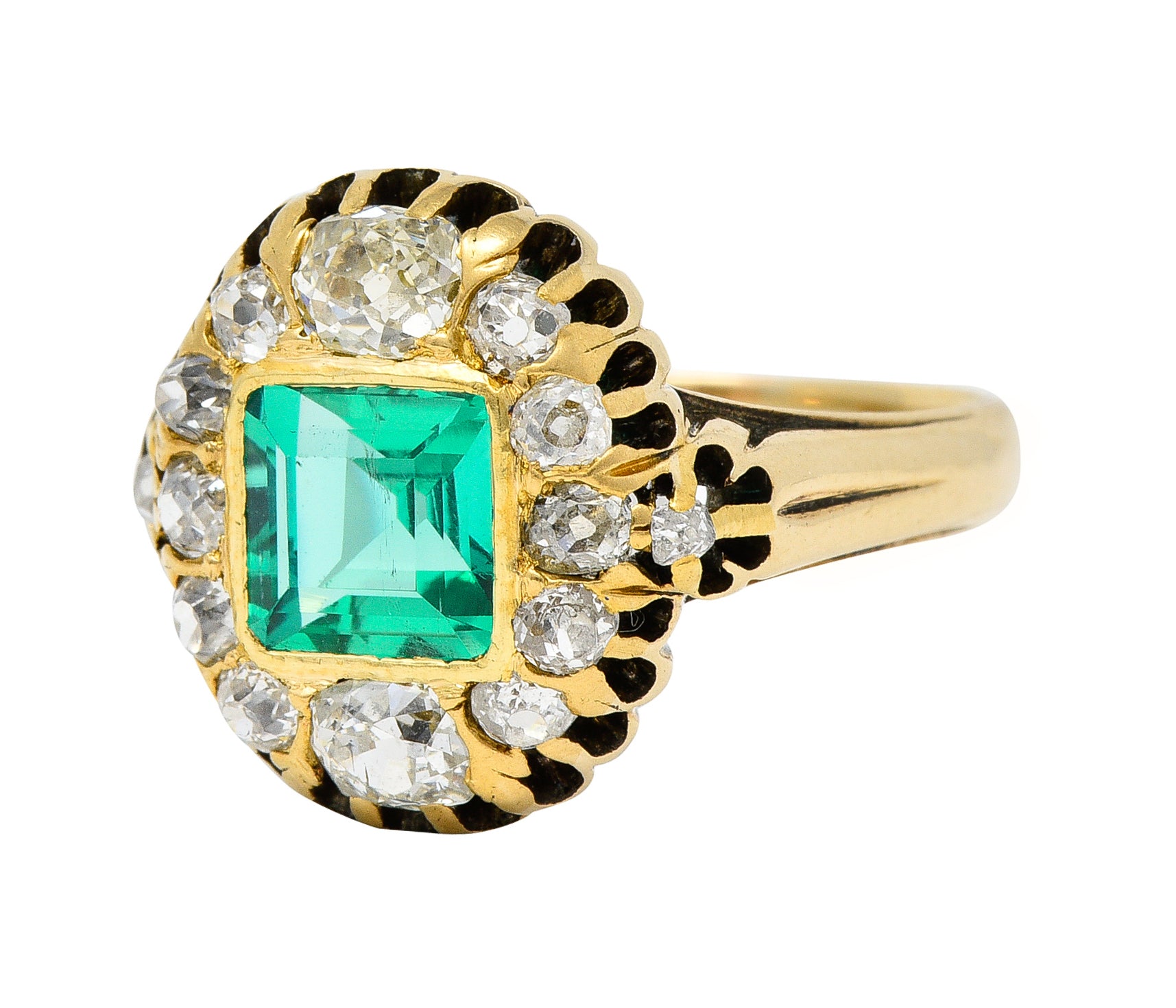 Victorian 1.88 CTW No Oil Colombian Emerald Old Mine Cut Diamond 14 Karat Yellow Gold Antique Halo Ring GIA Wilson's Estate Jewelry