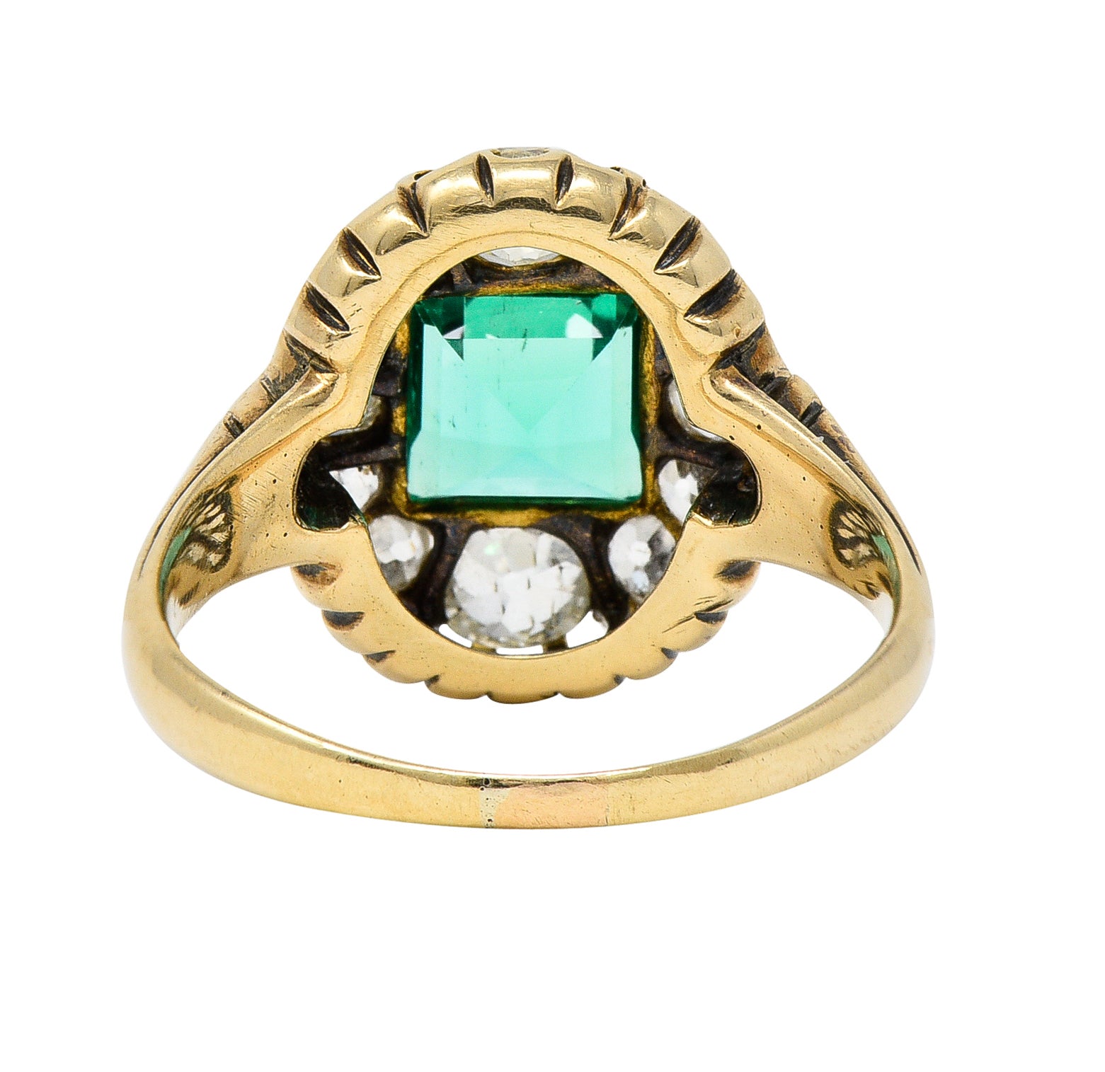 Victorian 1.88 CTW No Oil Colombian Emerald Old Mine Cut Diamond 14 Karat Yellow Gold Antique Halo Ring GIA Wilson's Estate Jewelry