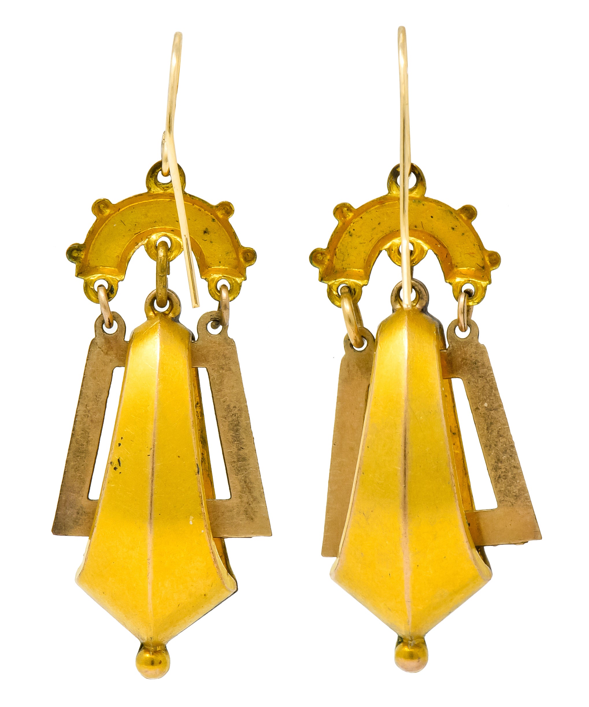 Victorian Etruscan Revival Articulated 9 Karat Matte Gold Drop Earrings - Wilson's Estate Jewelry