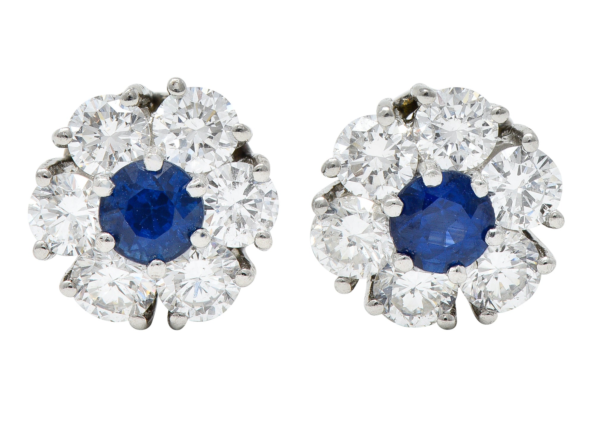 Contemporary 2.32 CTW Diamond Sapphire Platinum Floral Cluster Earrings Wilson's Estate Jewelry