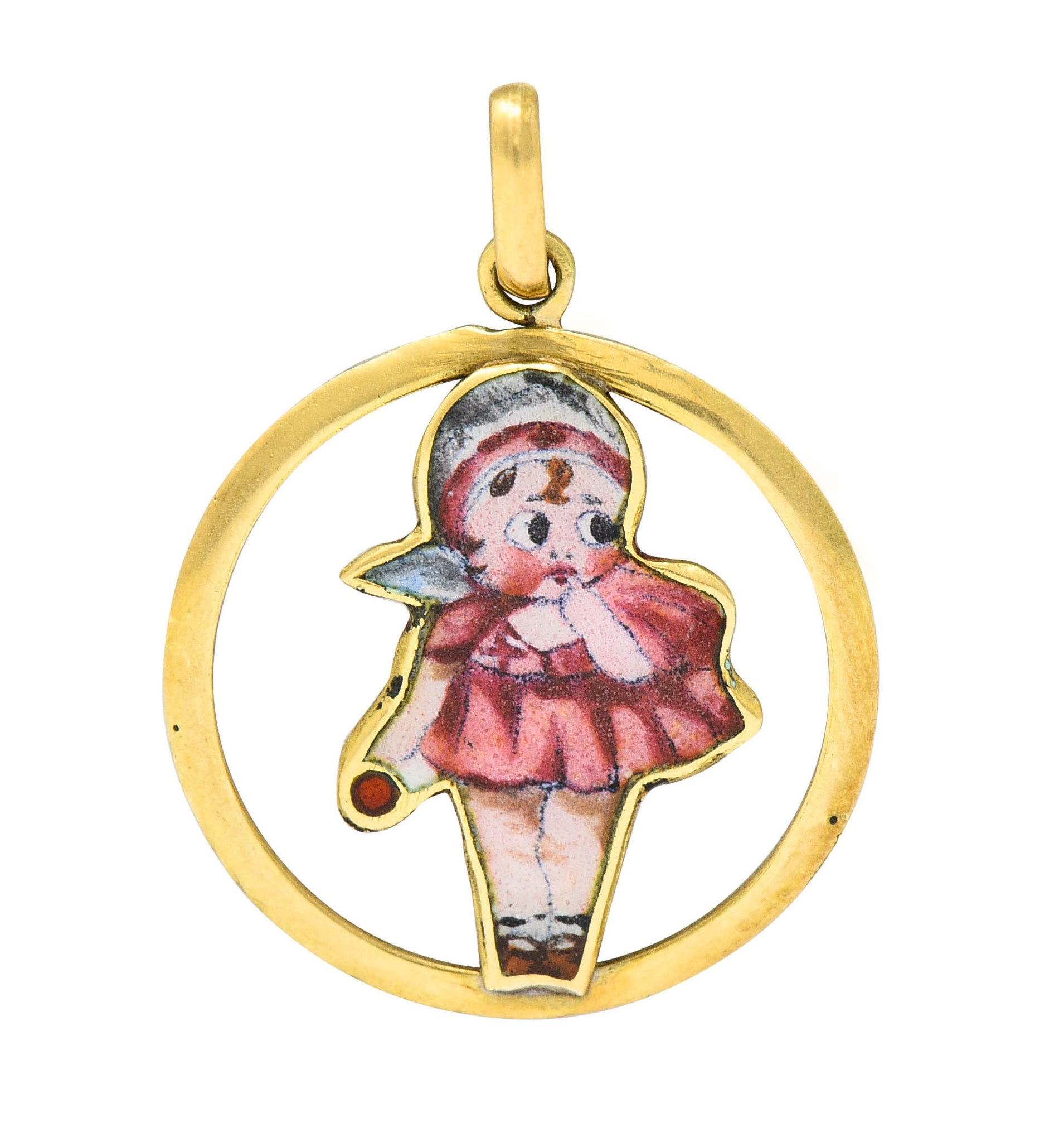 Early Retro Enamel 18 Karat Gold Baby Doll Charmcharm - Wilson's Estate Jewelry