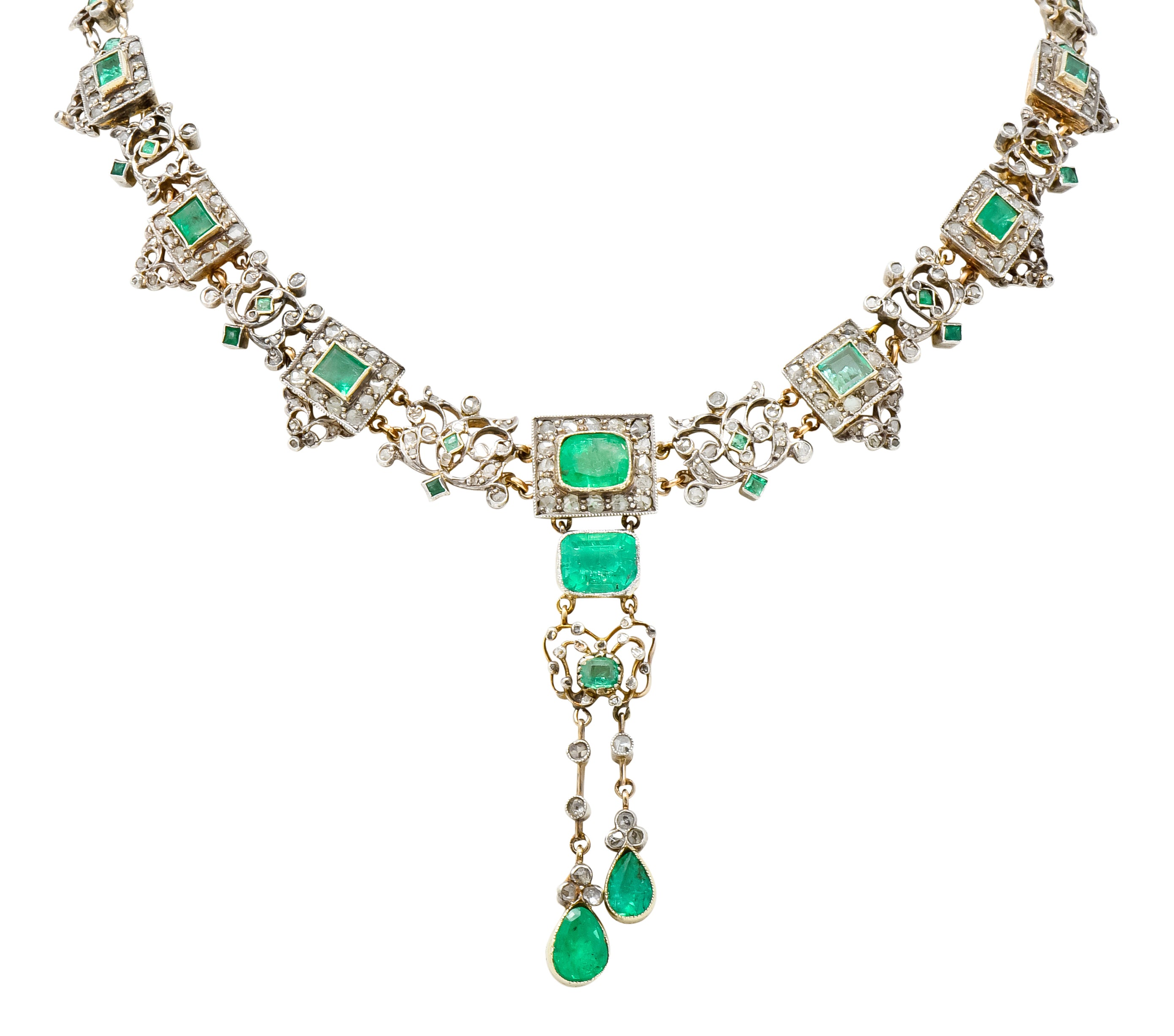 Victorian Emerald Rose Cut Diamond Silver-Topped 14 Karat Gold Collar Necklace - Wilson's Estate Jewelry