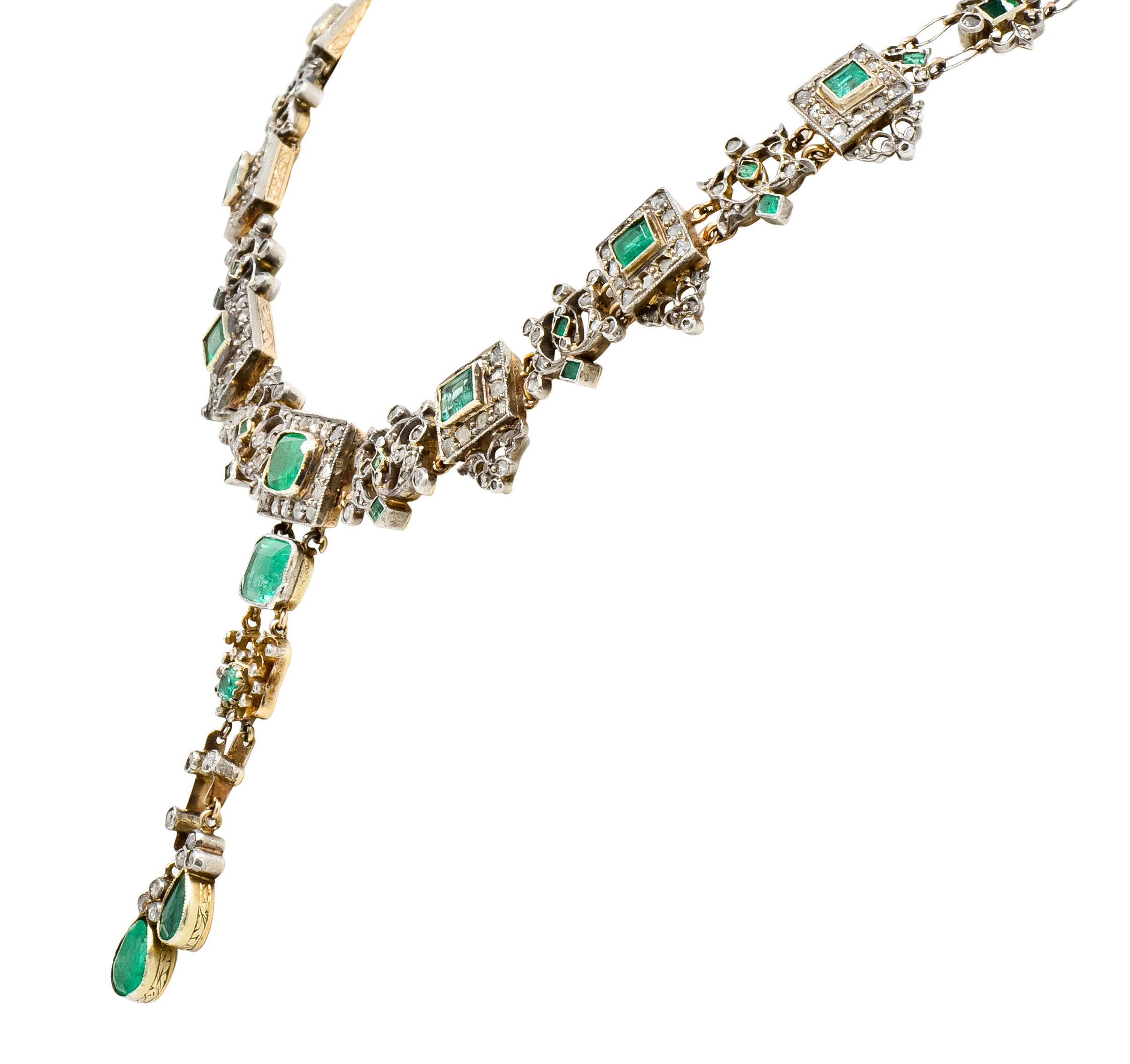 Victorian Emerald Rose Cut Diamond Silver-Topped 14 Karat Gold Collar Necklace - Wilson's Estate Jewelry