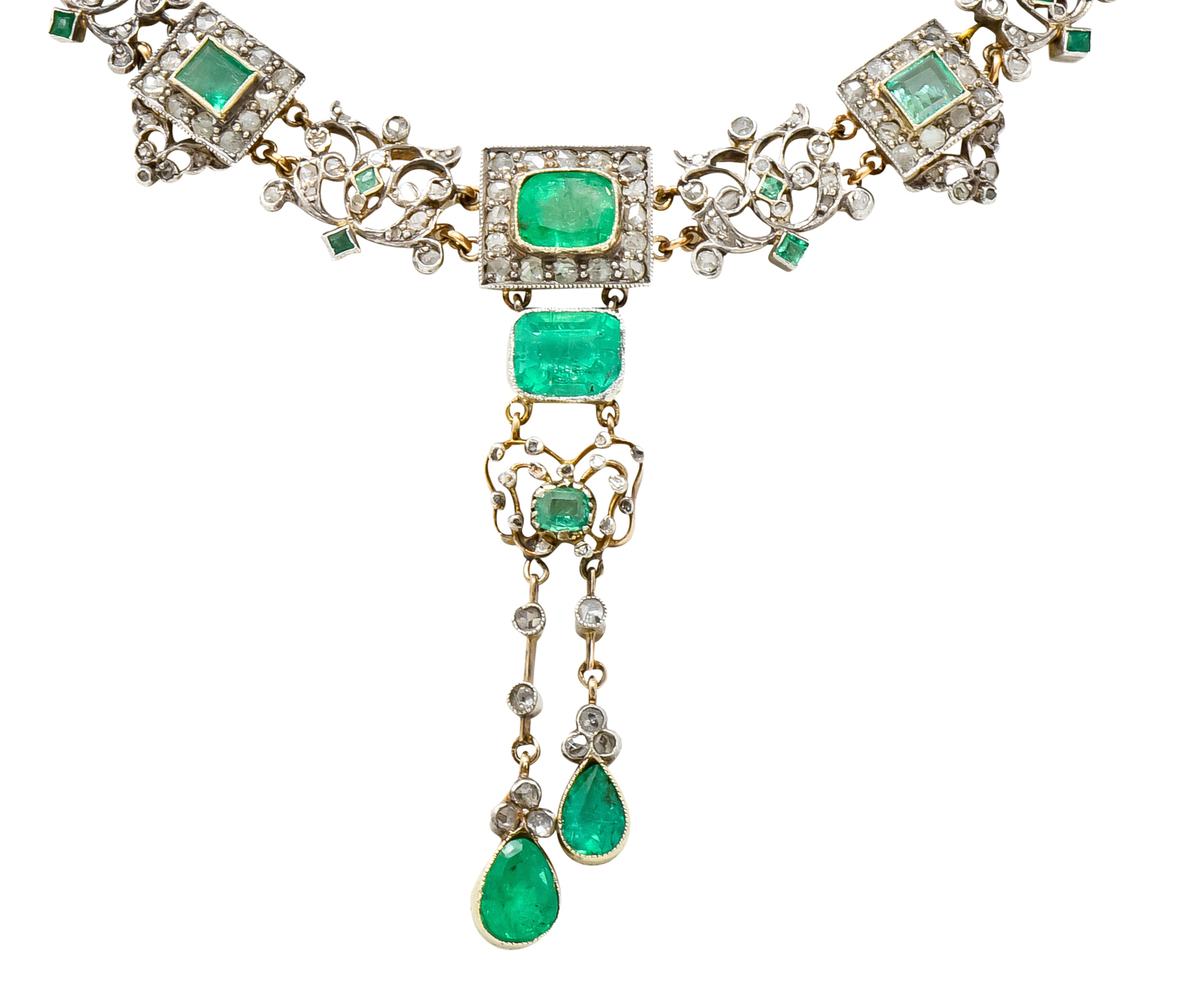 Victorian Emerald Rose Cut Diamond Silver-Topped 14 Karat Gold Collar Necklace - Wilson's Estate Jewelry