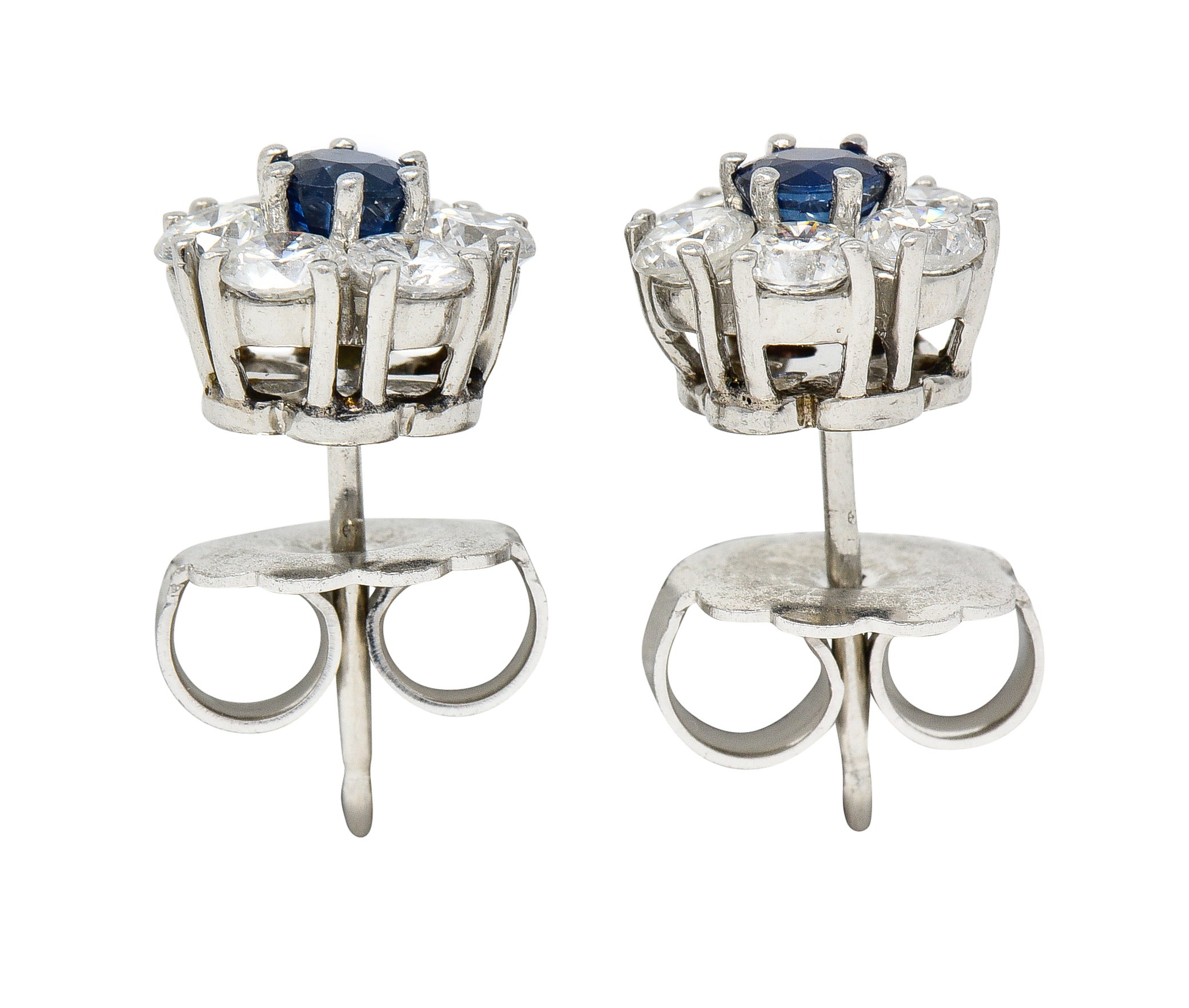 Contemporary 2.32 CTW Diamond Sapphire Platinum Floral Cluster Earrings Wilson's Estate Jewelry