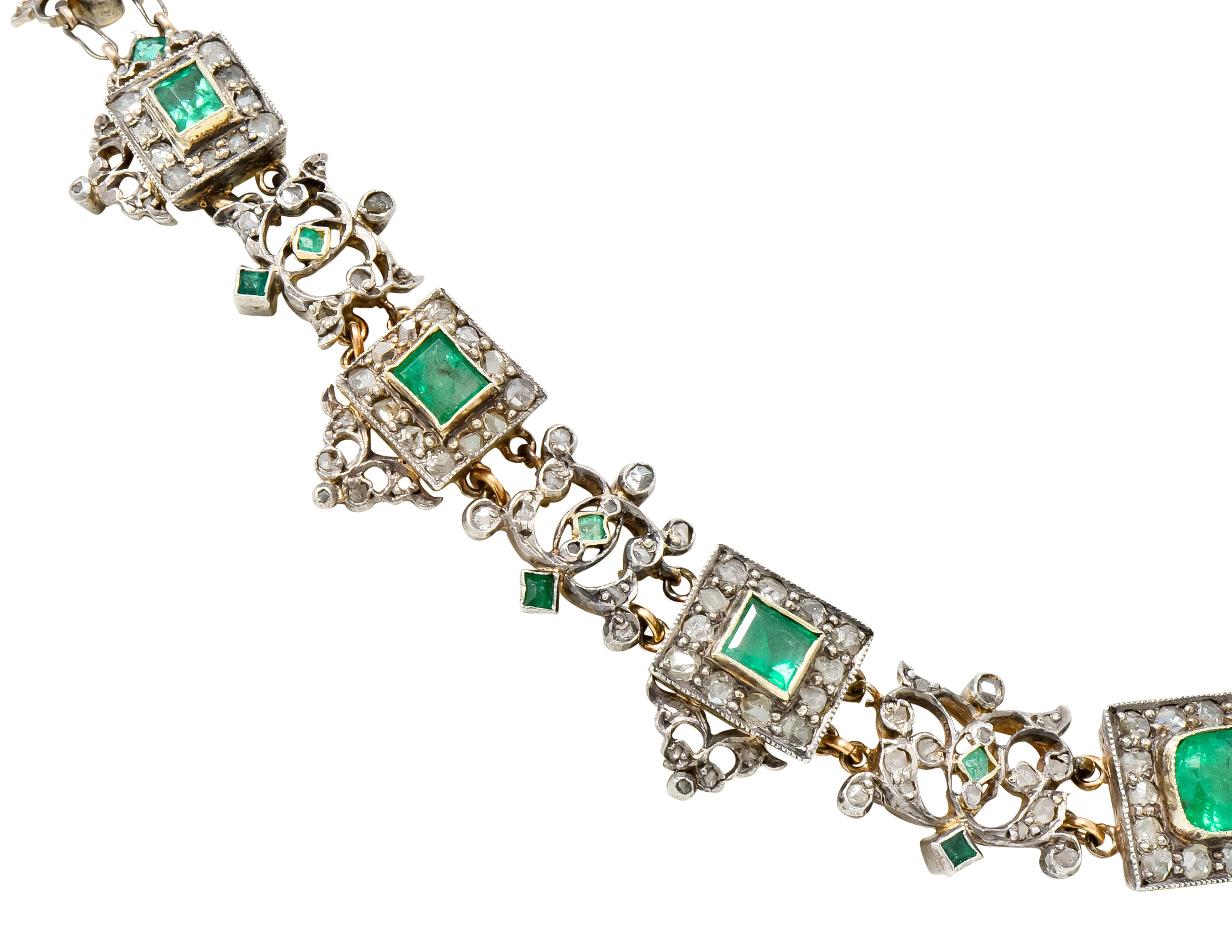 Victorian Emerald Rose Cut Diamond Silver-Topped 14 Karat Gold Collar Necklace - Wilson's Estate Jewelry