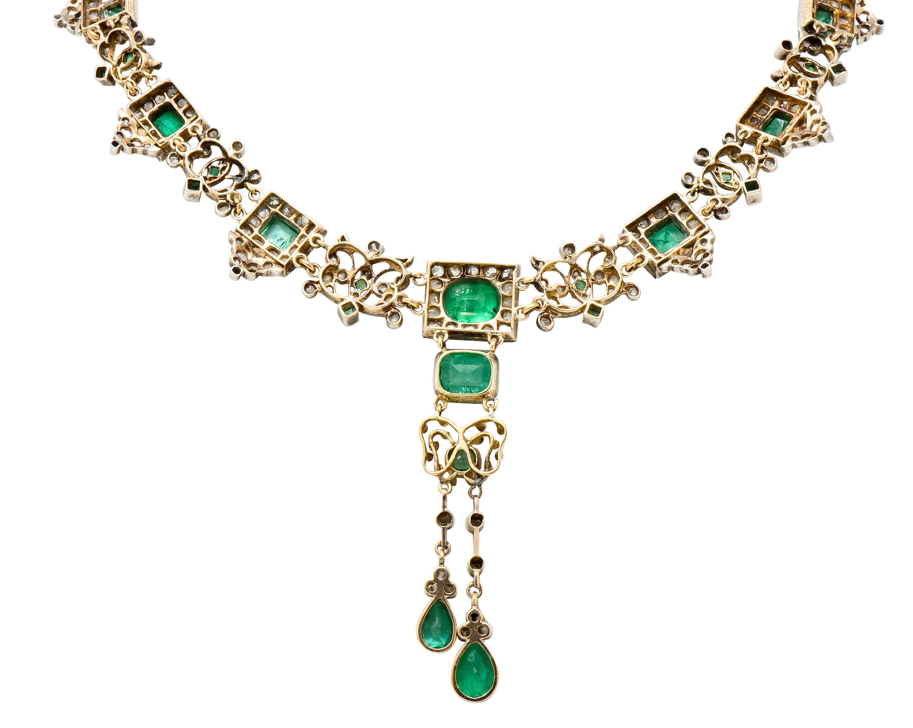 Victorian Emerald Rose Cut Diamond Silver-Topped 14 Karat Gold Collar Necklace - Wilson's Estate Jewelry