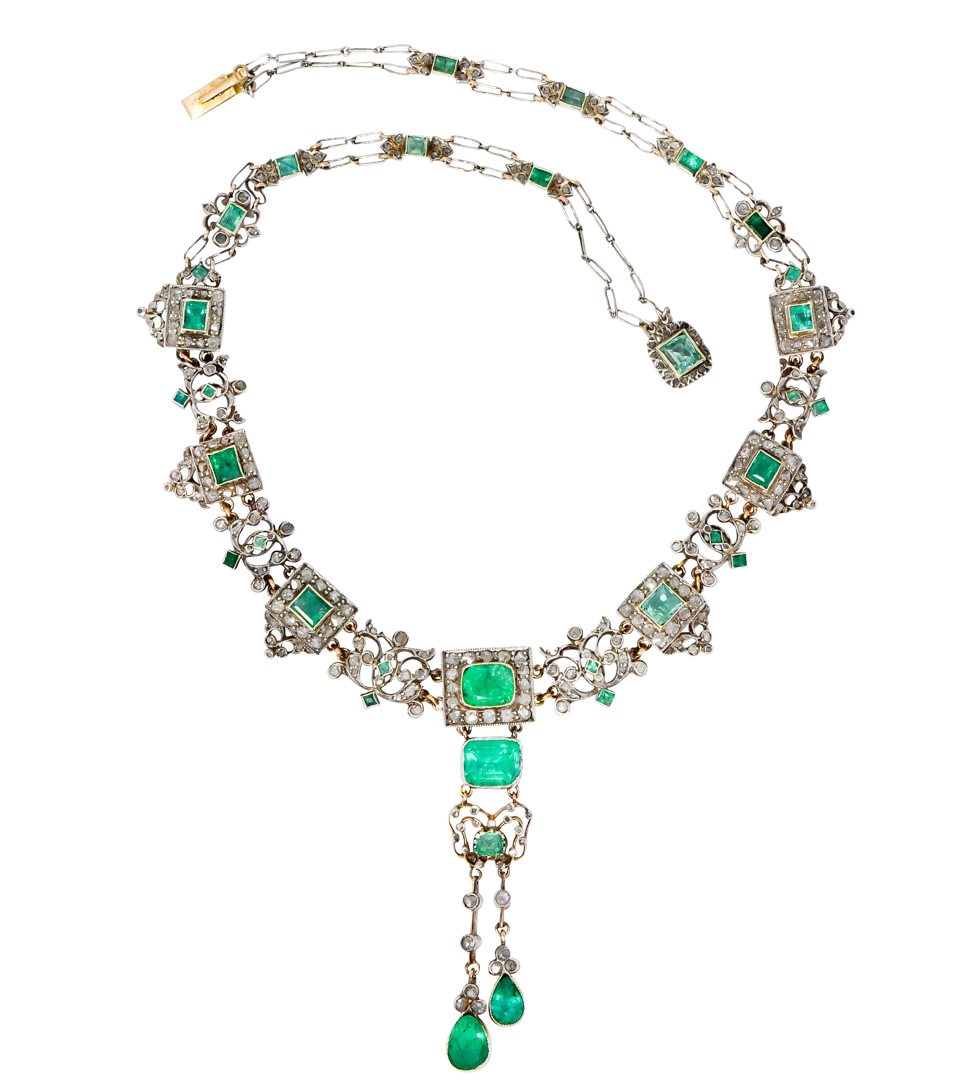 Victorian Emerald Rose Cut Diamond Silver-Topped 14 Karat Gold Collar Necklace - Wilson's Estate Jewelry