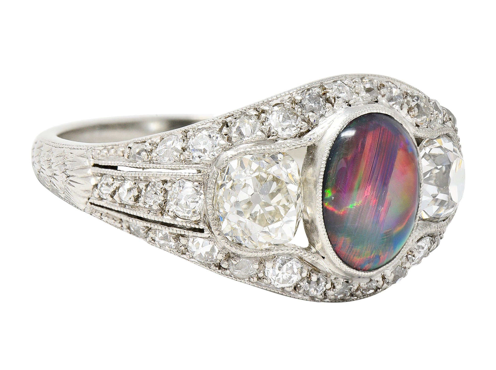 Art Deco Black Opal Cabochon Old Mine Cut Diamond Platinum Antique Bombay Dinner Ring Wilson's Estate Jewelry