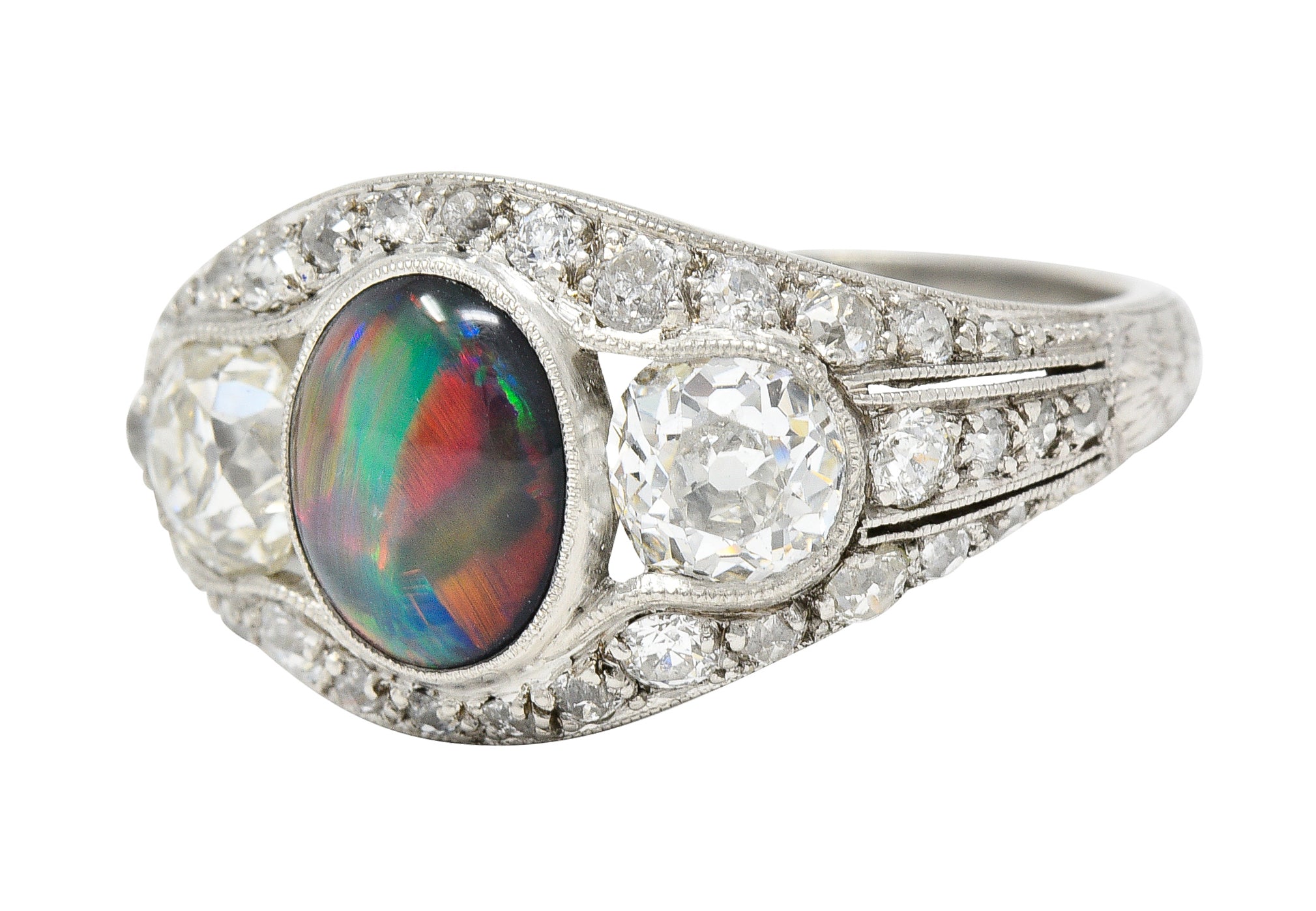 Art Deco Black Opal Cabochon Old Mine Cut Diamond Platinum Antique Bombay Dinner Ring Wilson's Estate Jewelry