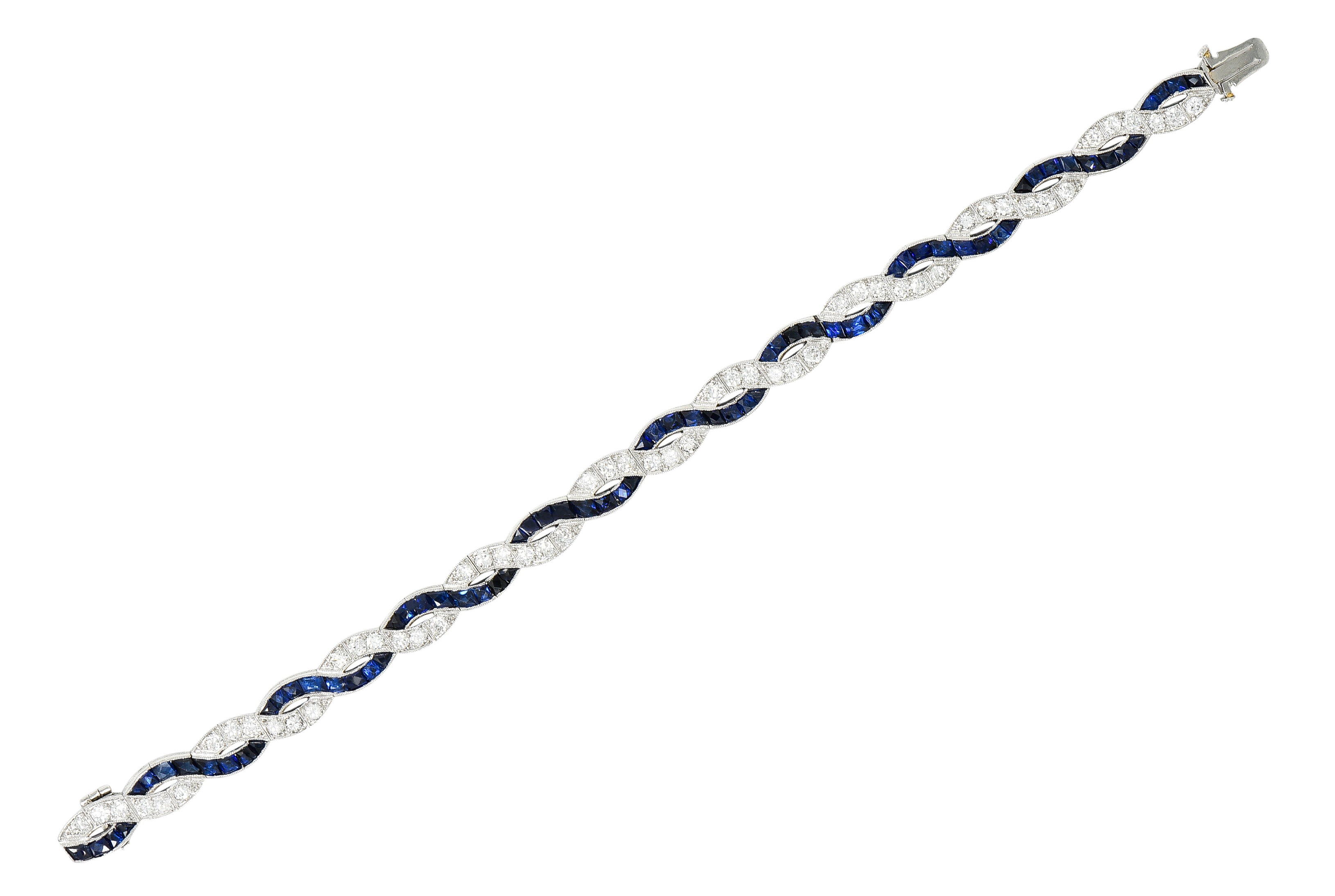 Art Deco 9.27 CTW French Cut Sapphire Diamond Platinum Braided Ribbon Gemstone Line Bracelet Wilson's Estate Jewelry