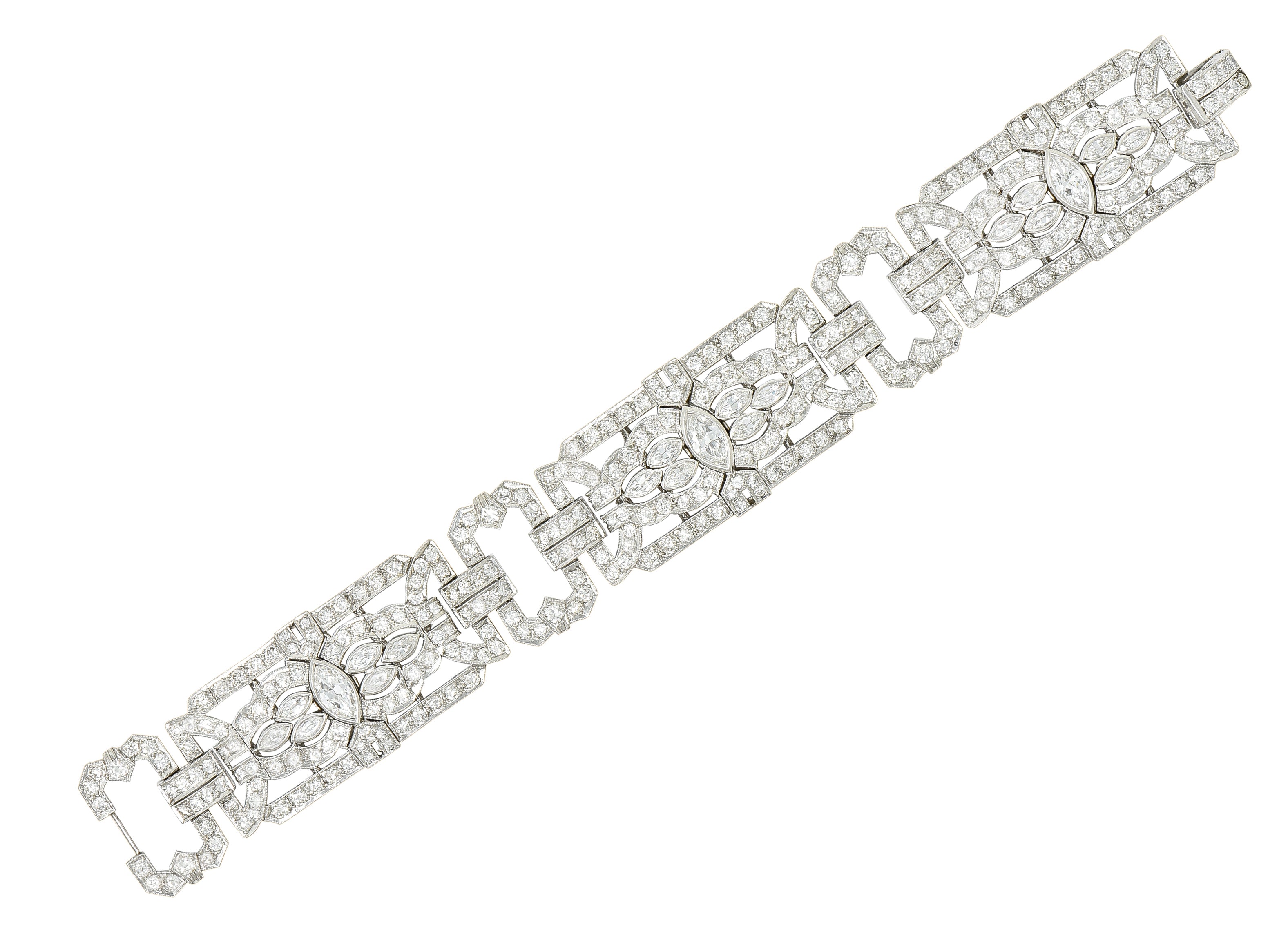 Waslikoff Art Deco 19.10 CTW Marquise Cut Diamond Platinum Geometric Wide Strap Link Bracelet Wilson's Estate Jewelry