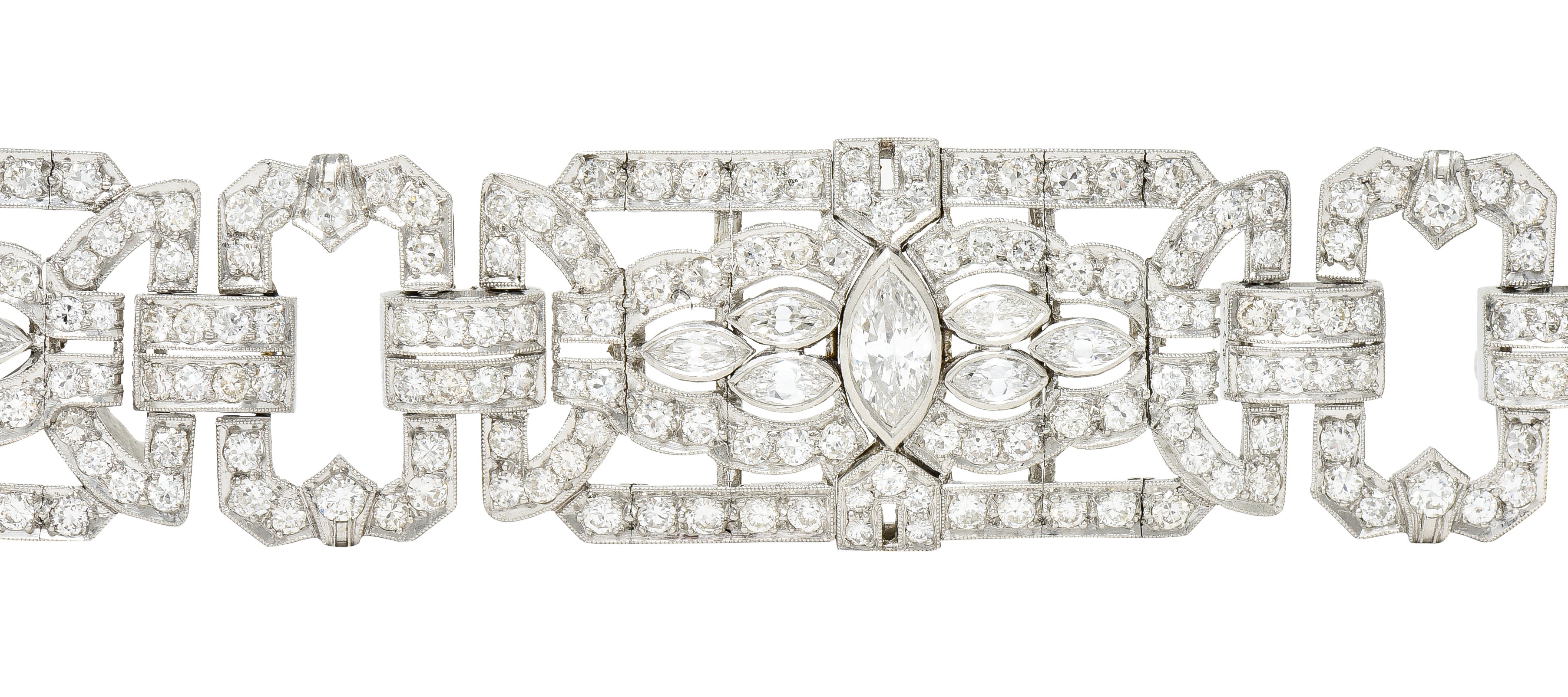 Waslikoff Art Deco 19.10 CTW Marquise Cut Diamond Platinum Geometric Wide Strap Link Bracelet Wilson's Estate Jewelry