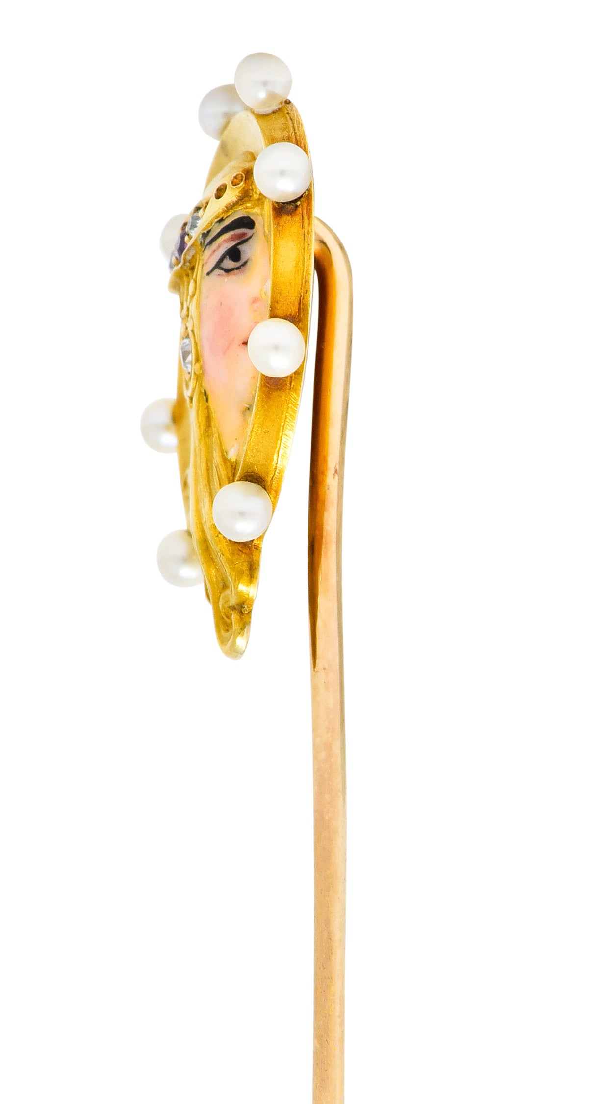 Art Nouveau Pearl Diamond Ruby Enamel 14 Karat Gold Egyptian Princess Stickpin - Wilson's Estate Jewelry