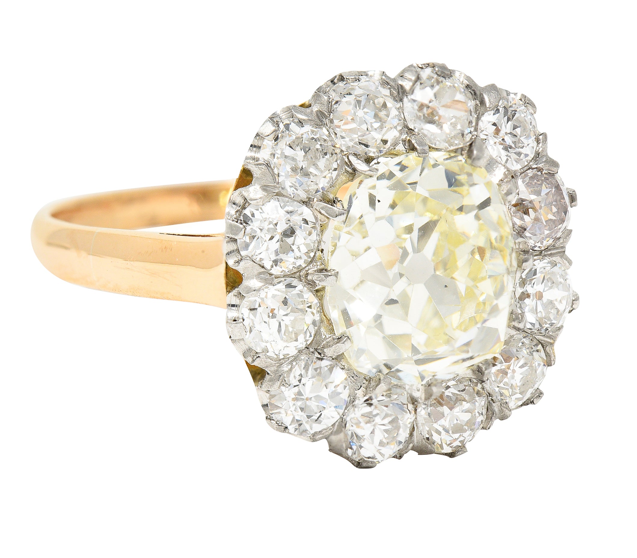 Edwardian 4.16 CTW Old Mine Old European Cut Diamond Platinum-Topped 18 Karat Yellow Gold Cluster Antique Engagement Ring Wilson's Estate Jewelry