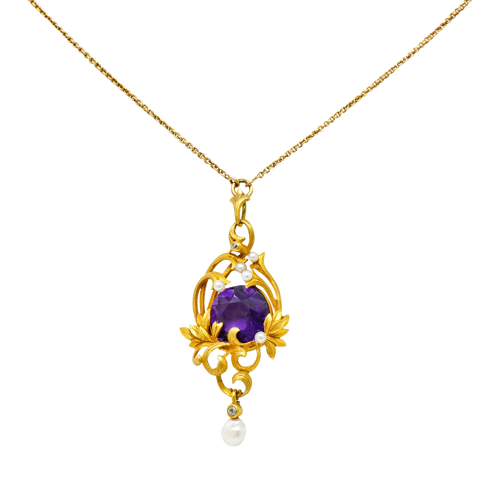 Art Nouveau 14 Karat Gold Amethyst Diamond Pearl Foliate Drop Pendant NecklaceNecklace - Wilson's Estate Jewelry