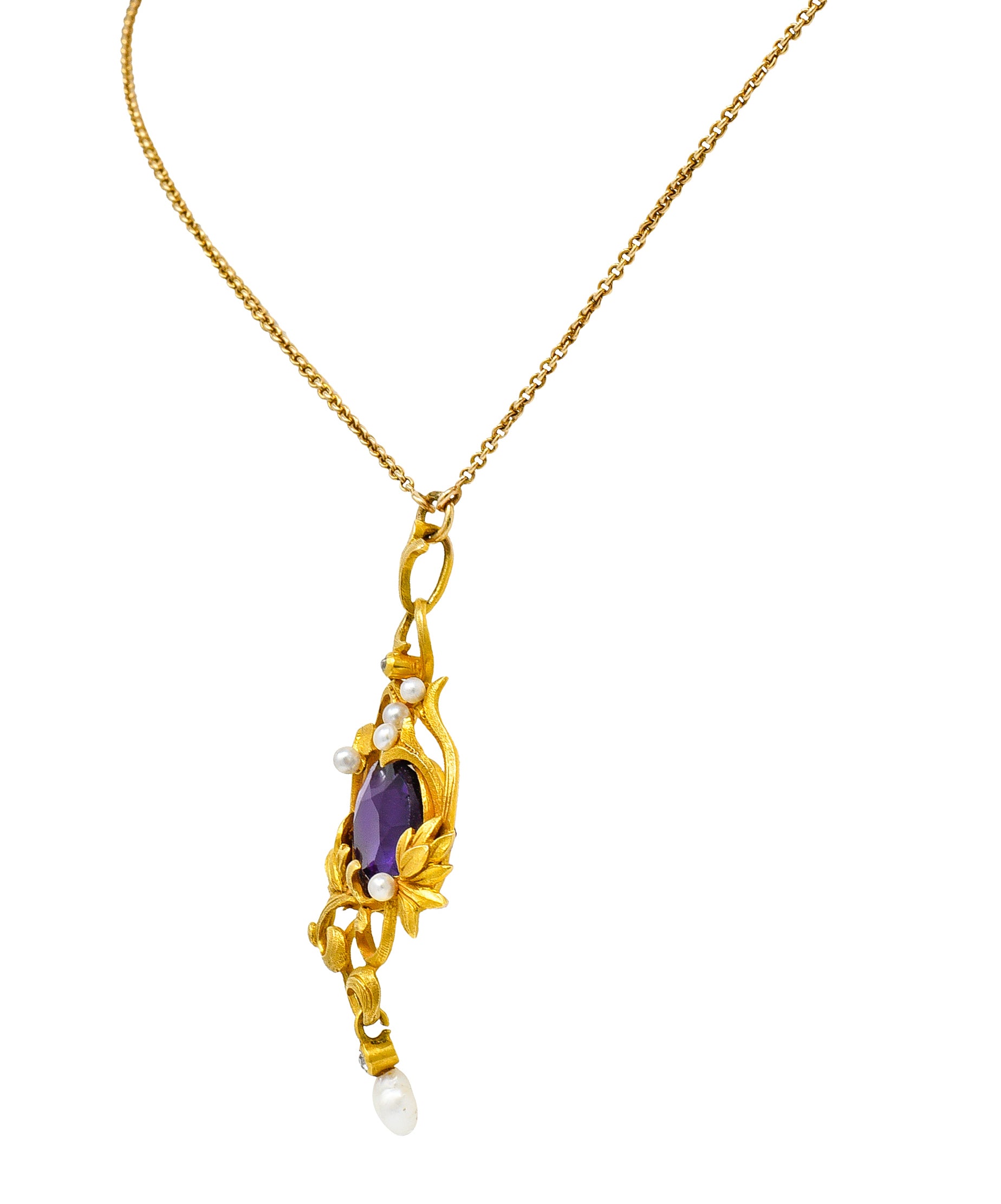 Art Nouveau 14 Karat Gold Amethyst Diamond Pearl Foliate Drop Pendant NecklaceNecklace - Wilson's Estate Jewelry