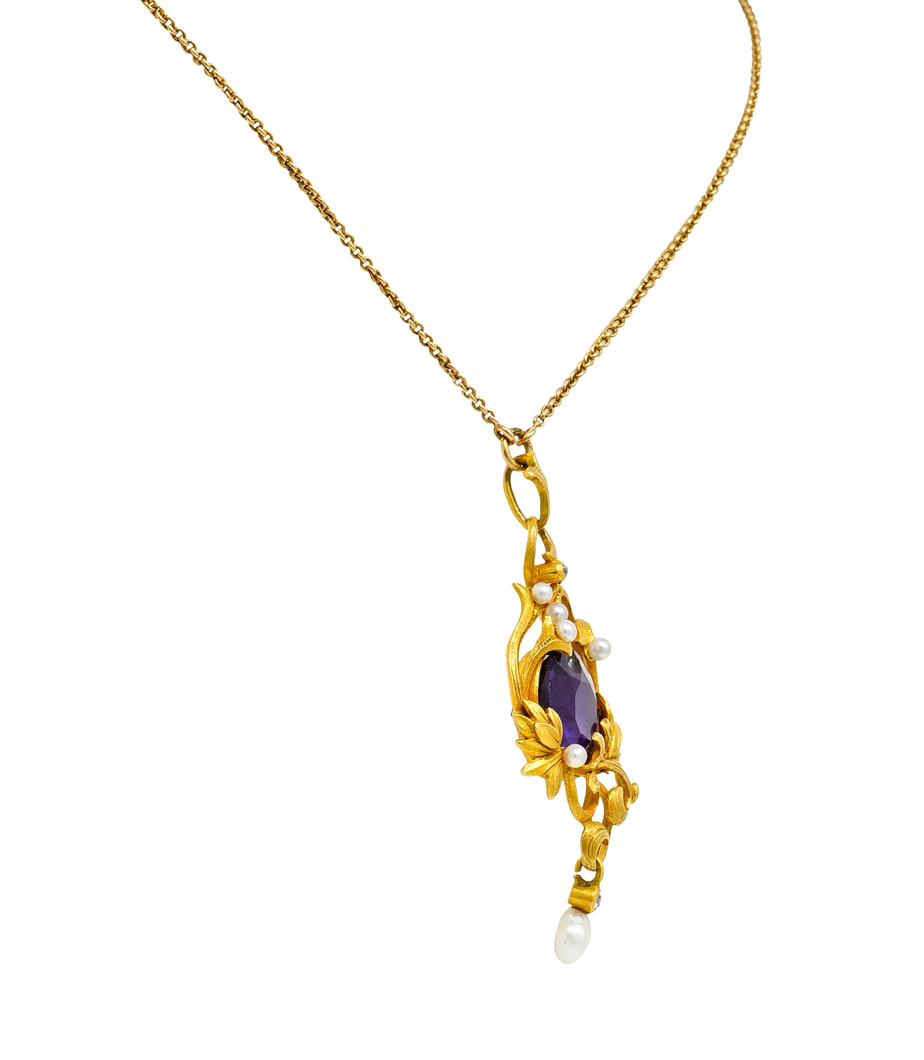 Art Nouveau 14 Karat Gold Amethyst Diamond Pearl Foliate Drop Pendant NecklaceNecklace - Wilson's Estate Jewelry