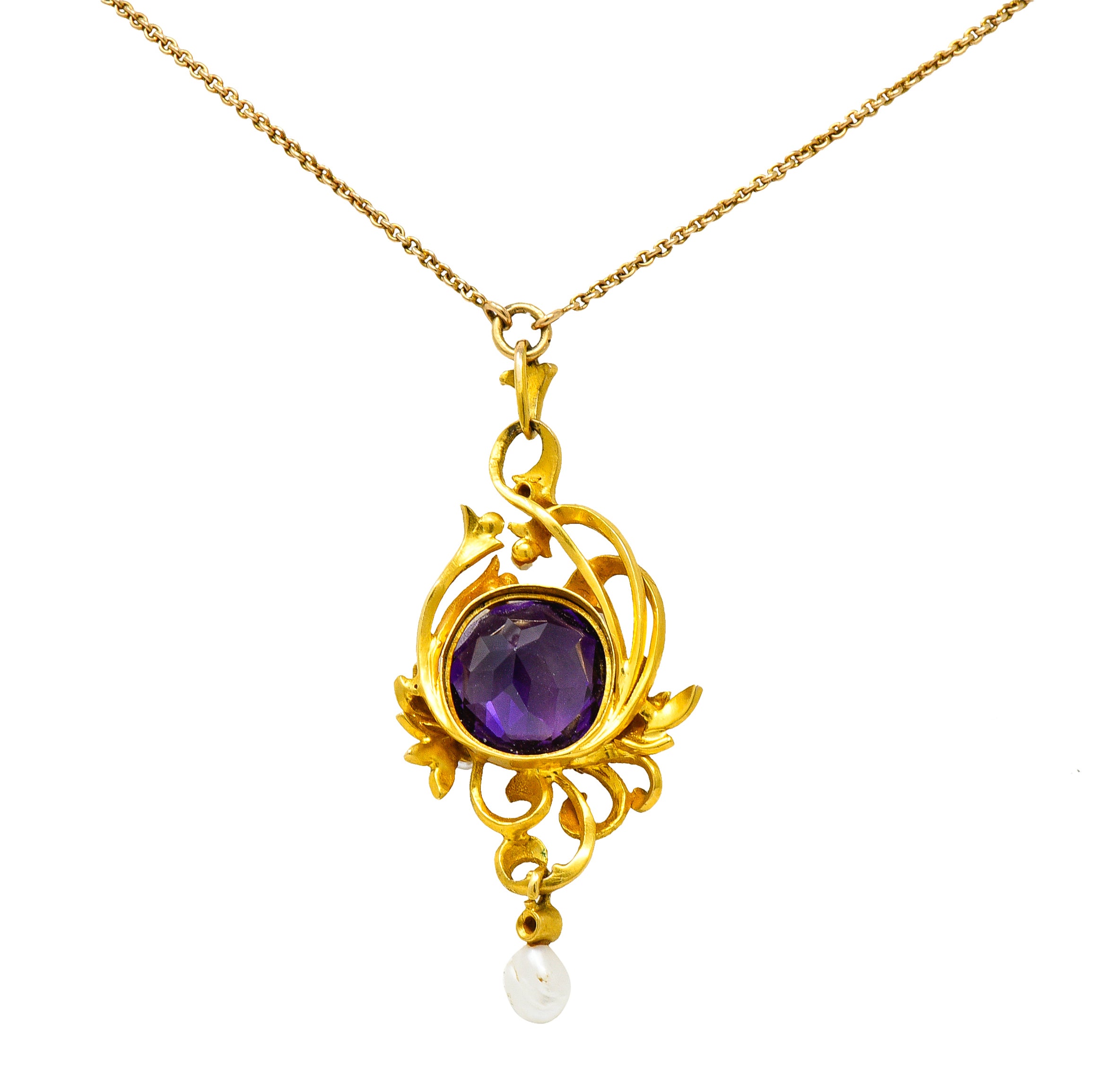 Art Nouveau 14 Karat Gold Amethyst Diamond Pearl Foliate Drop Pendant NecklaceNecklace - Wilson's Estate Jewelry