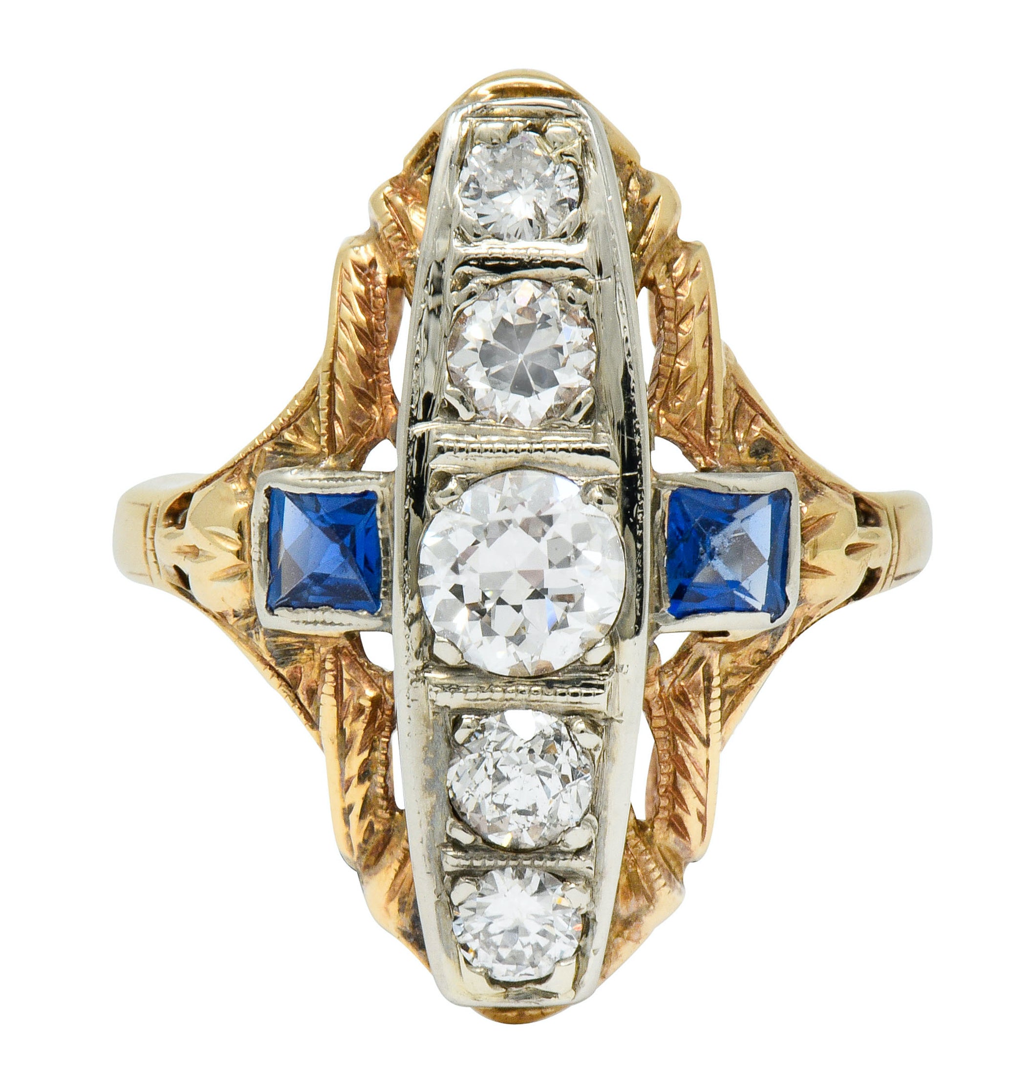 Late Edwardian Diamond Sapphire Platinum-Topped 14 Karat Gold Dinner Ring - Wilson's Estate Jewelry