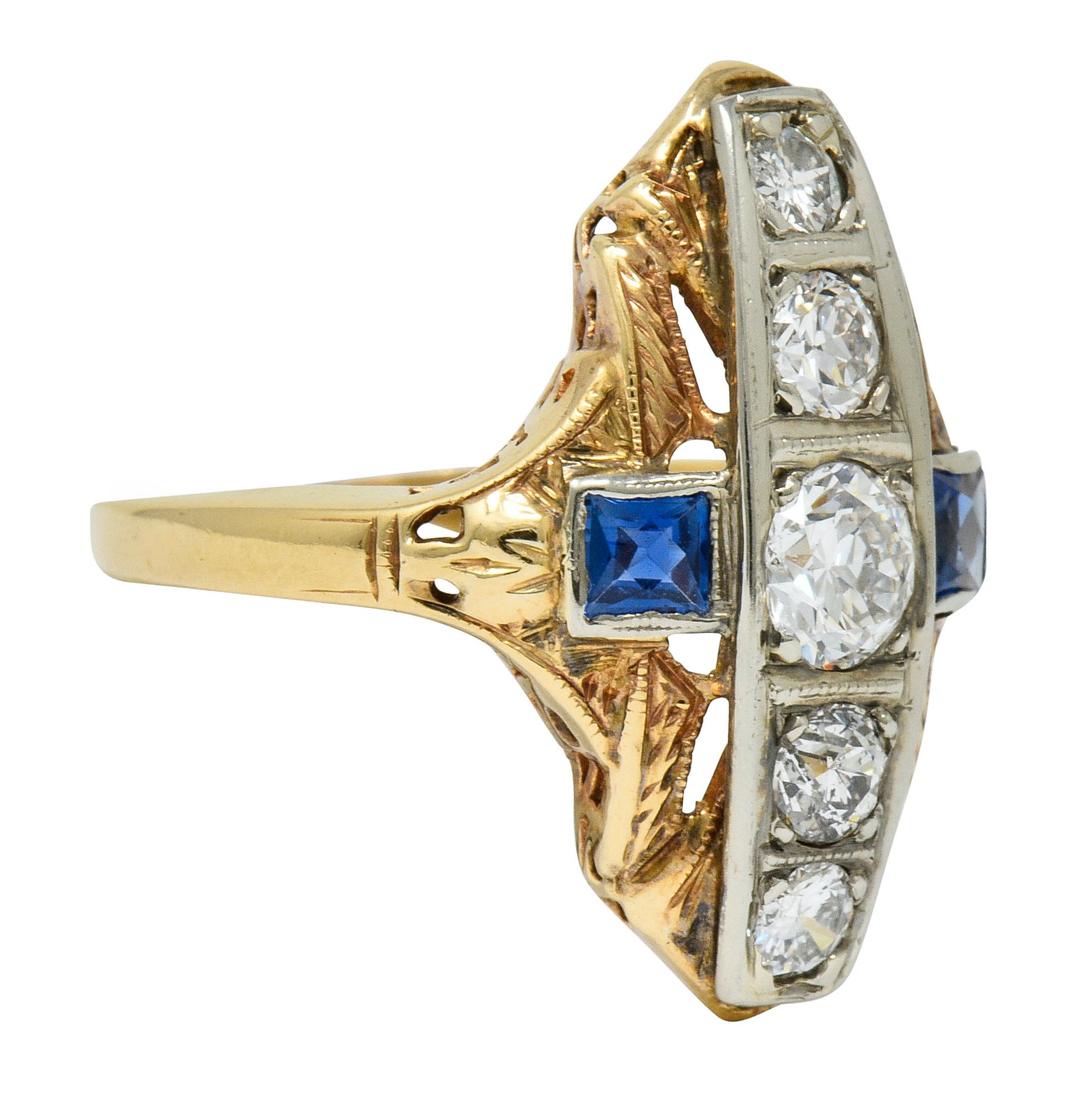 Late Edwardian Diamond Sapphire Platinum-Topped 14 Karat Gold Dinner Ring - Wilson's Estate Jewelry