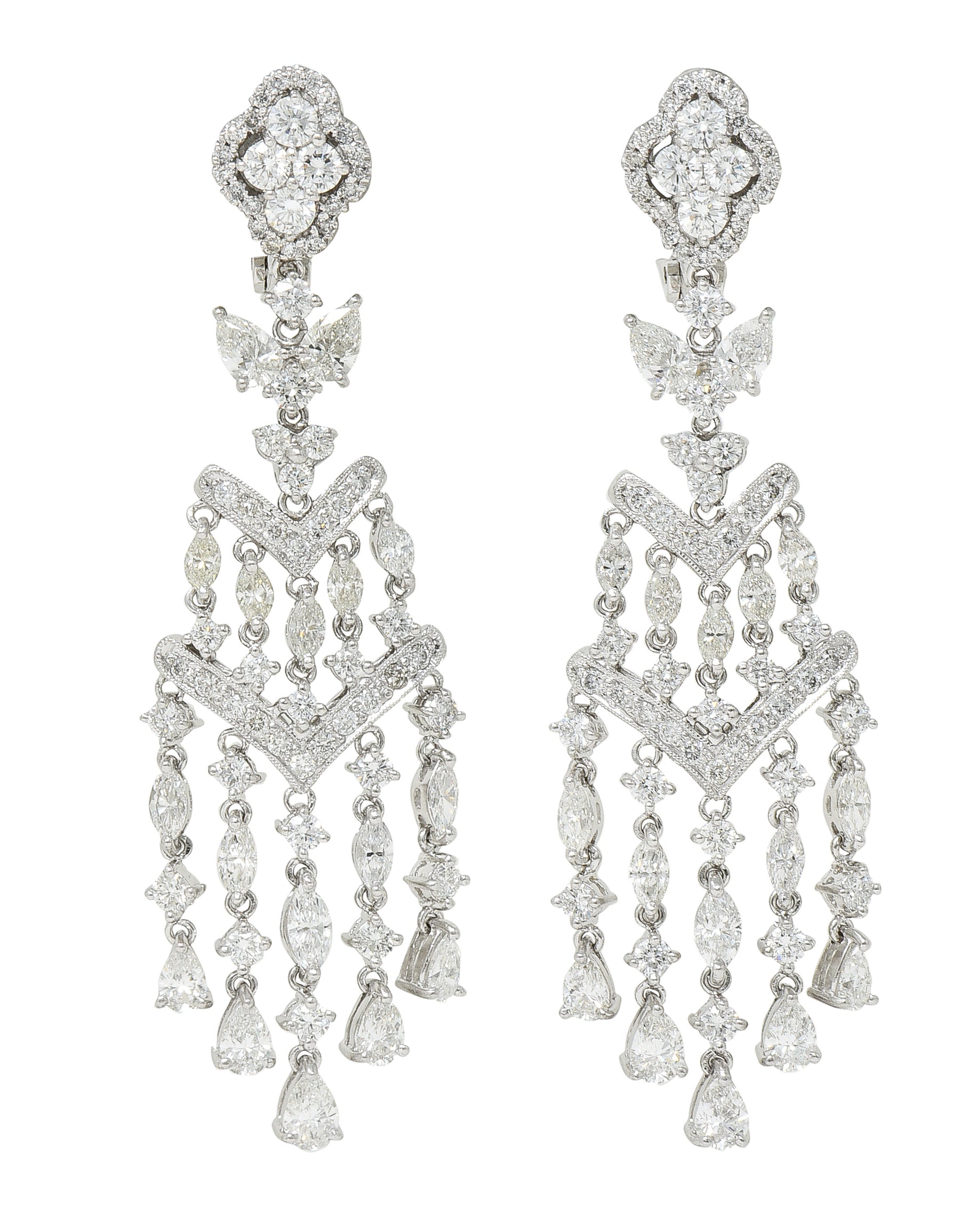 Contemporary 11.34 CTW Diamond Platinum Quatrefoil Fringe Chandelier Earrings