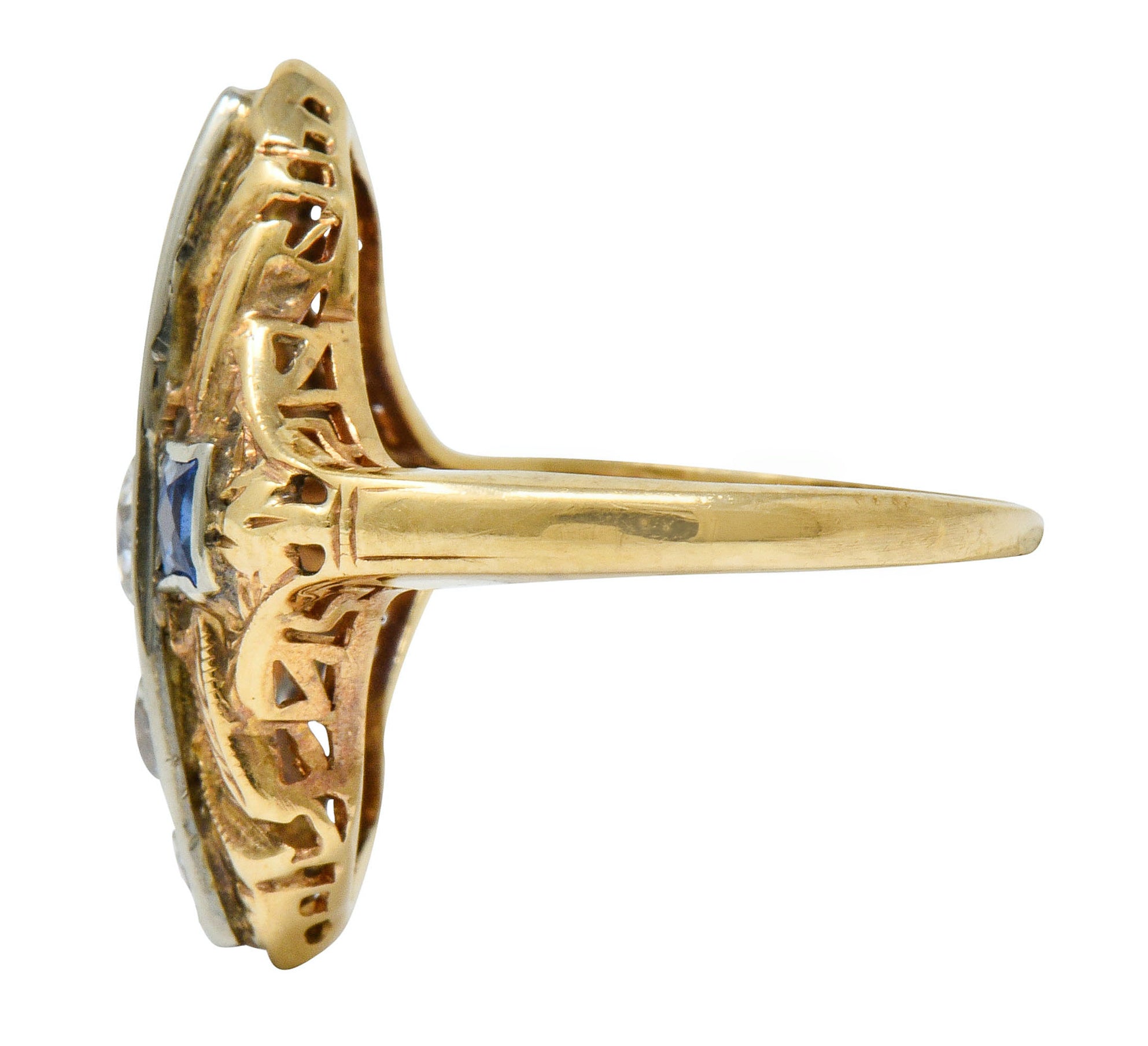 Late Edwardian Diamond Sapphire Platinum-Topped 14 Karat Gold Dinner Ring - Wilson's Estate Jewelry