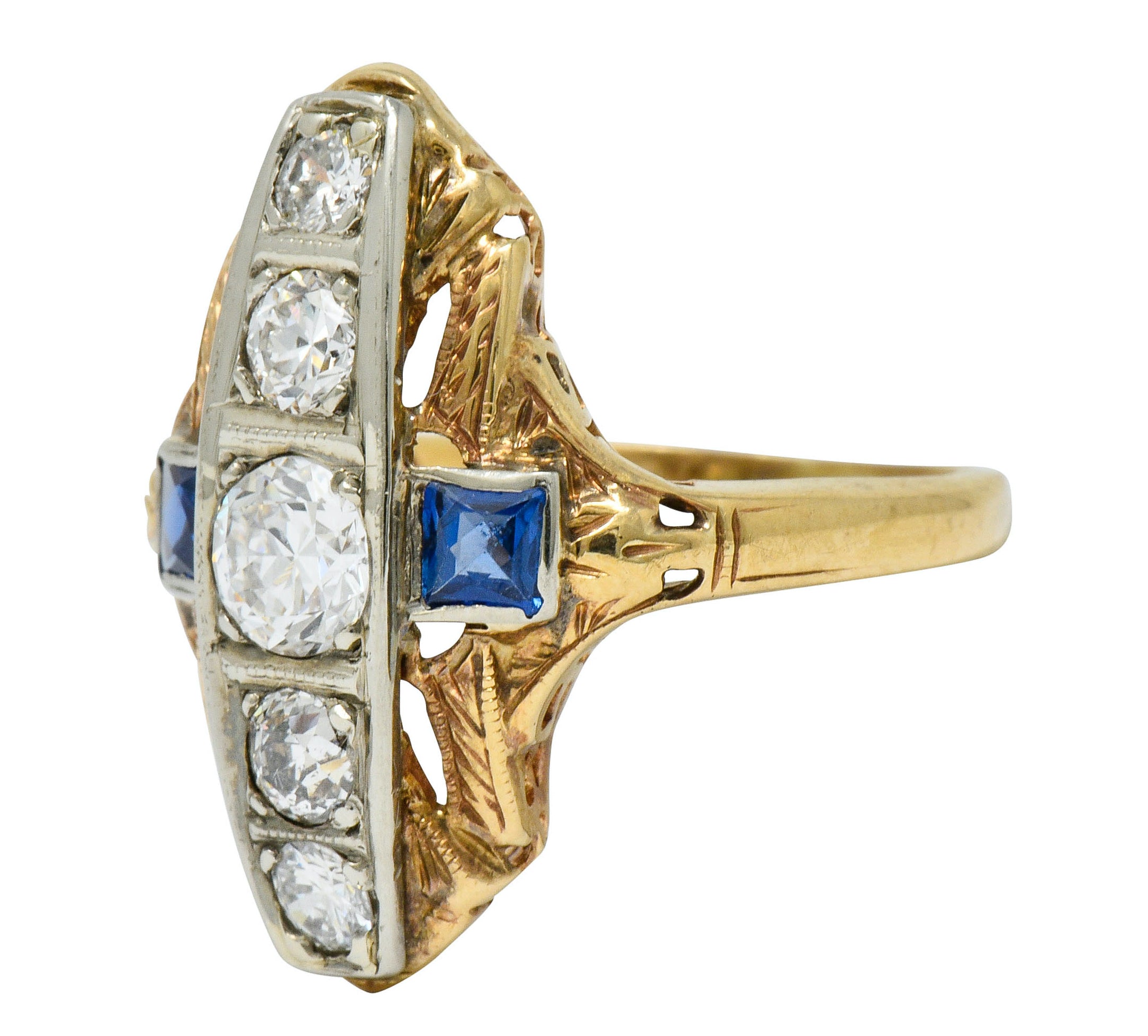 Late Edwardian Diamond Sapphire Platinum-Topped 14 Karat Gold Dinner Ring - Wilson's Estate Jewelry