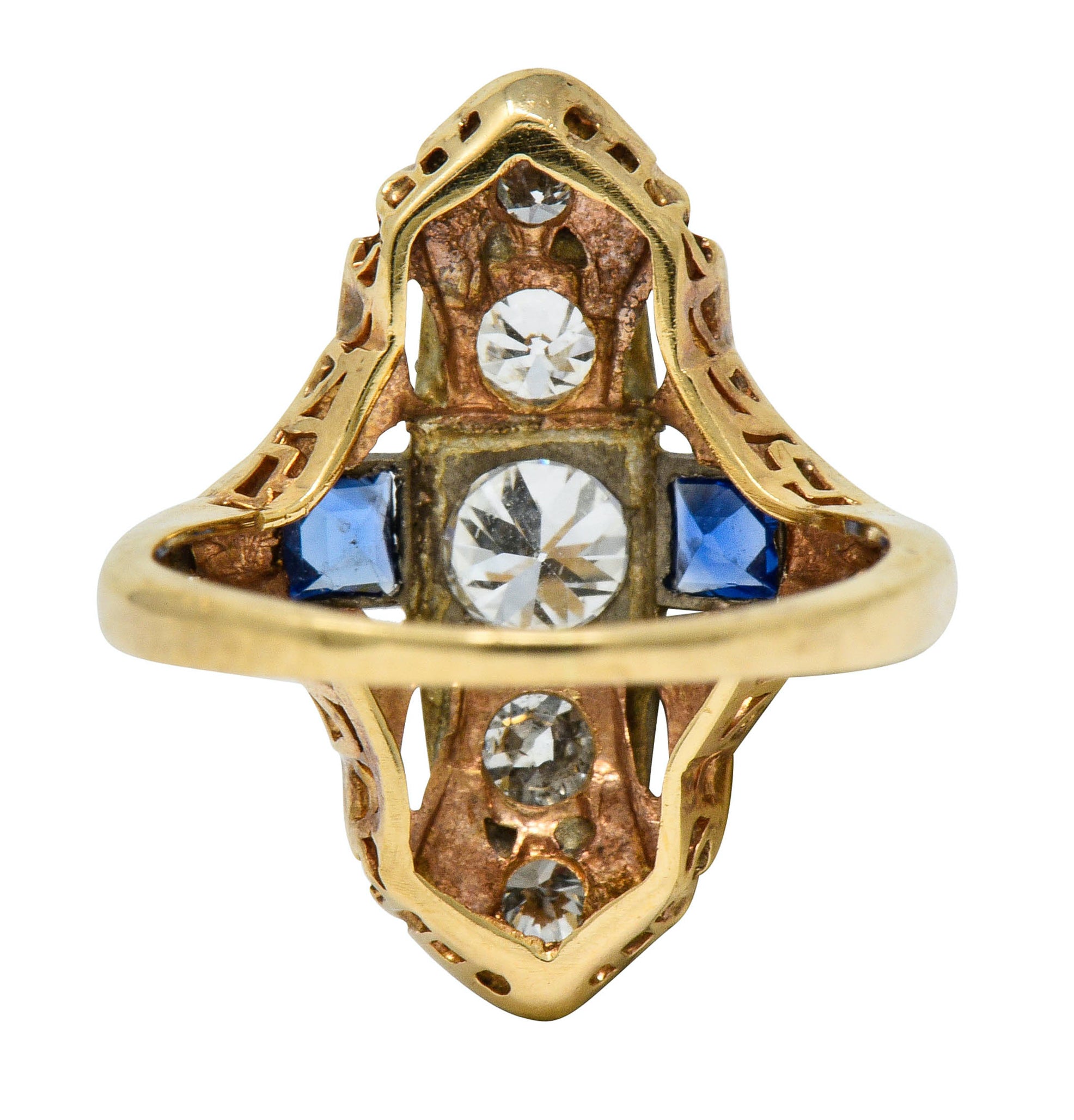 Late Edwardian Diamond Sapphire Platinum-Topped 14 Karat Gold Dinner Ring - Wilson's Estate Jewelry