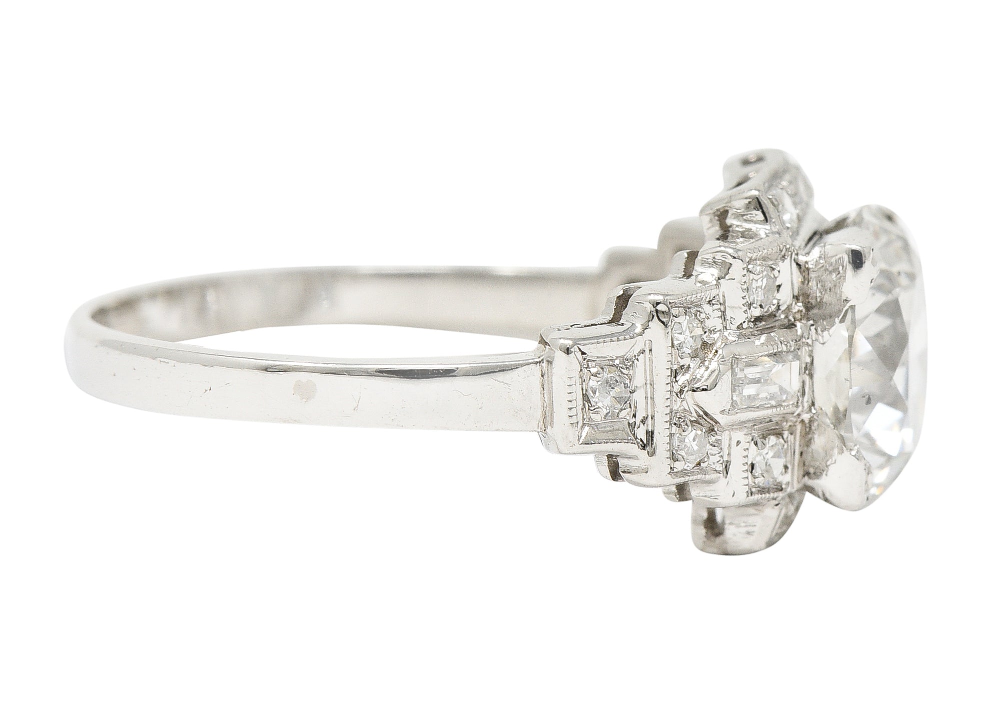 1930's Art Deco 2.34 CTW Old European Cut Diamond Platinum Square Stepped Engagement Ring GIA Wilson's Estate Jewelry