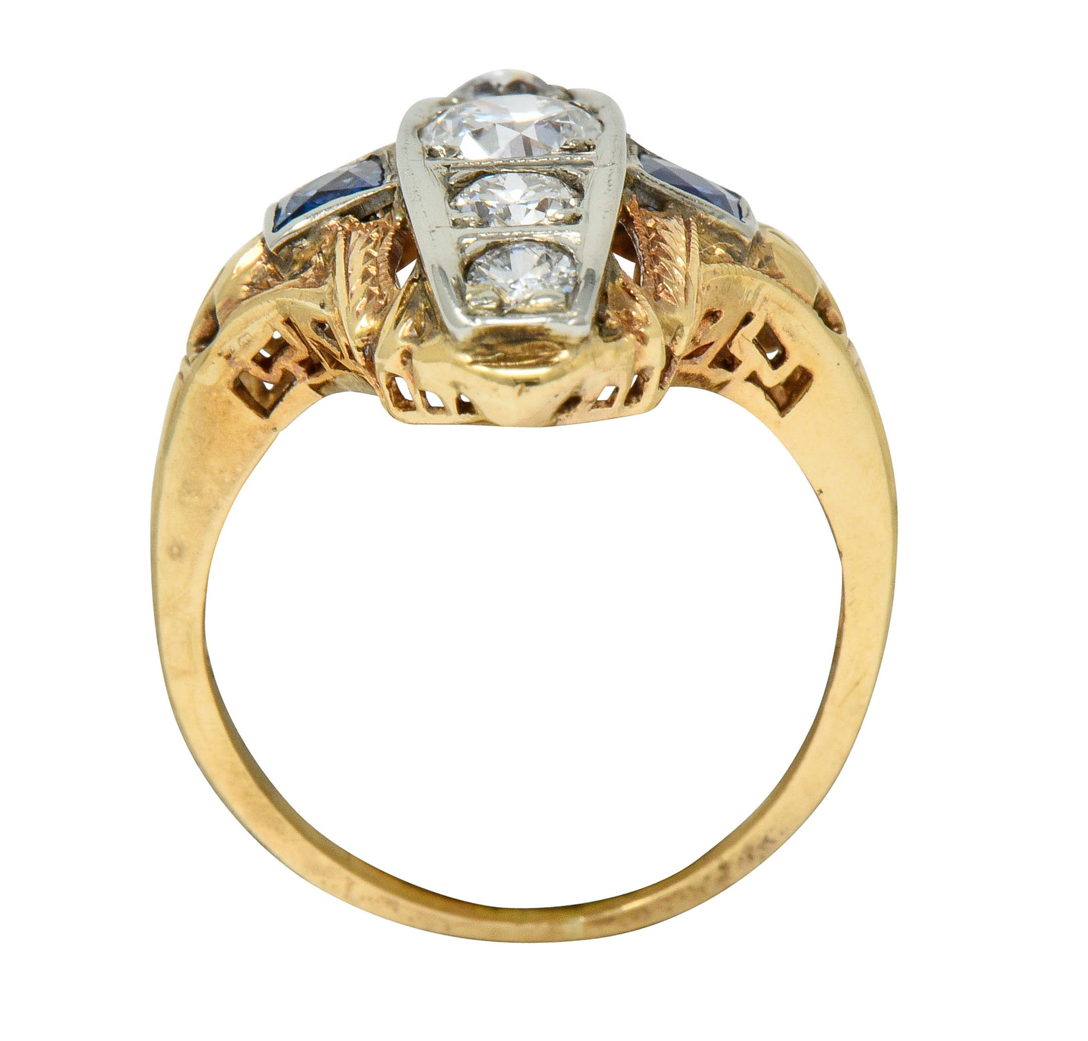 Late Edwardian Diamond Sapphire Platinum-Topped 14 Karat Gold Dinner Ring - Wilson's Estate Jewelry