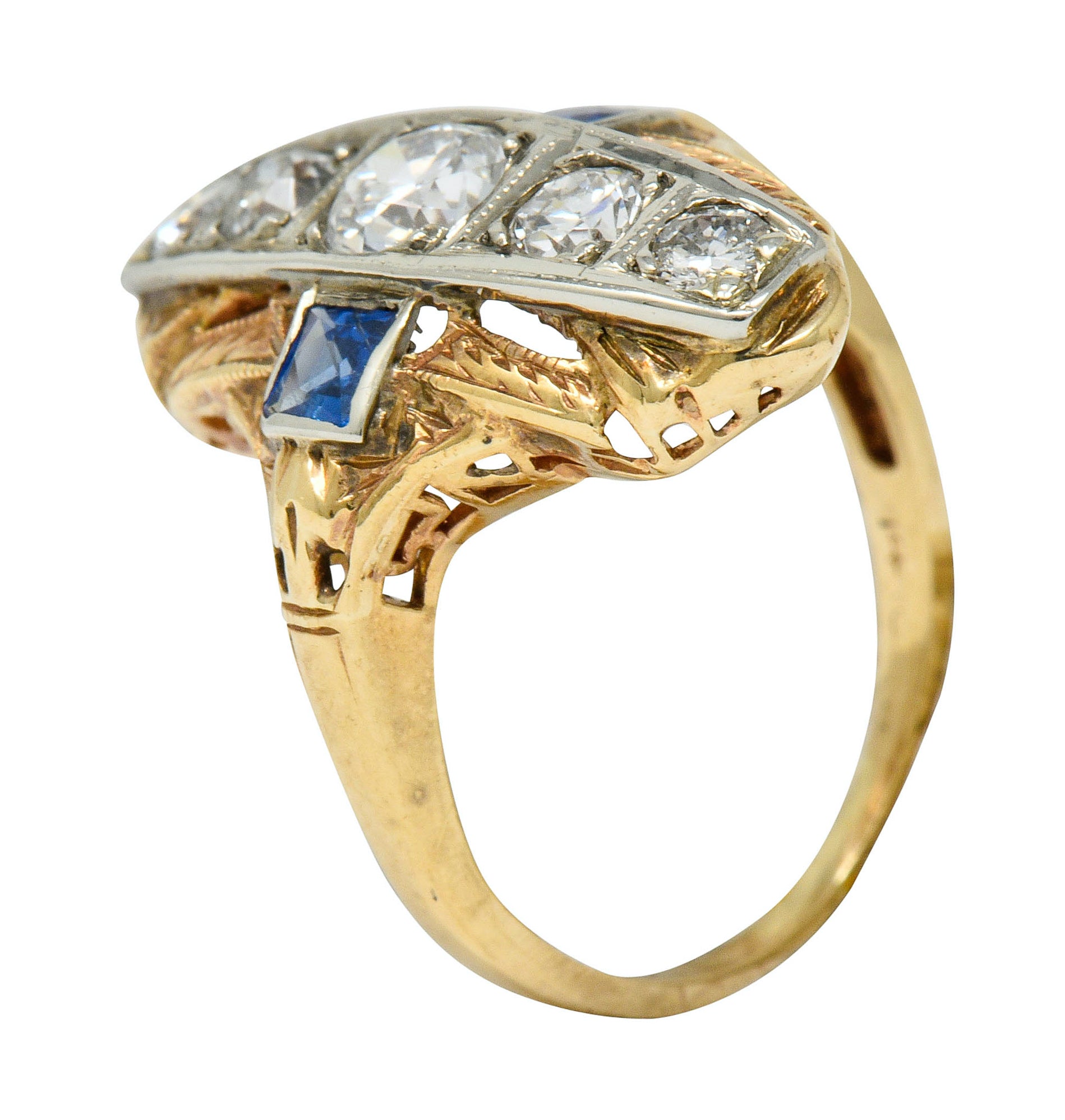 Late Edwardian Diamond Sapphire Platinum-Topped 14 Karat Gold Dinner Ring - Wilson's Estate Jewelry