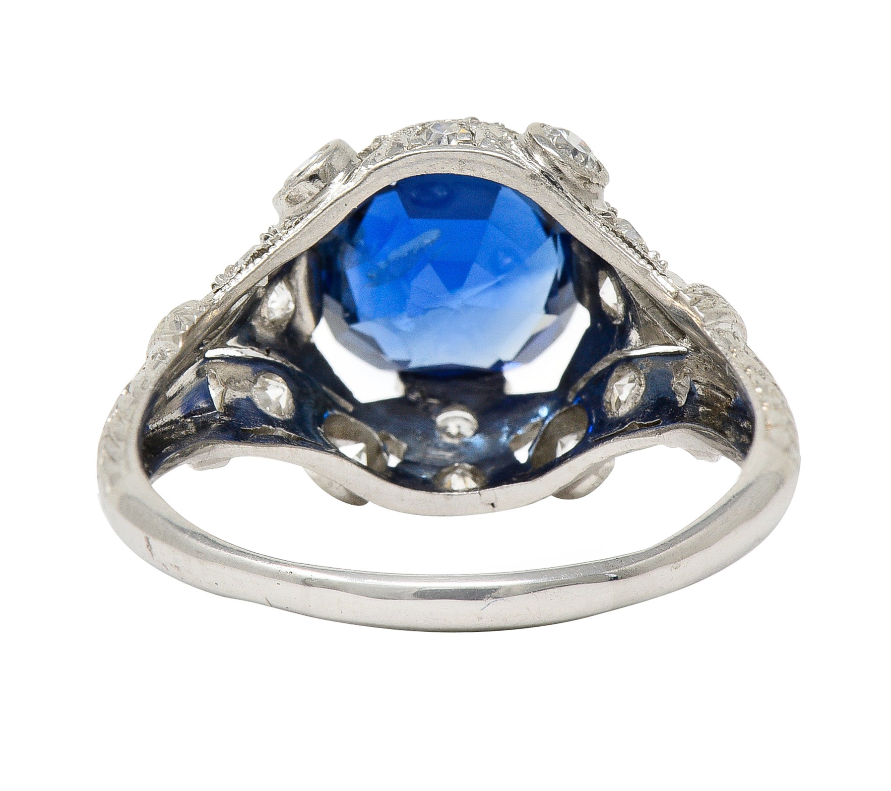 Art Deco 3.21 CTW No Heat Cushion Cut Sapphire Diamond Platinum Fleur-De-Lis Gemstone Ring Wilson's Estate Jewelry