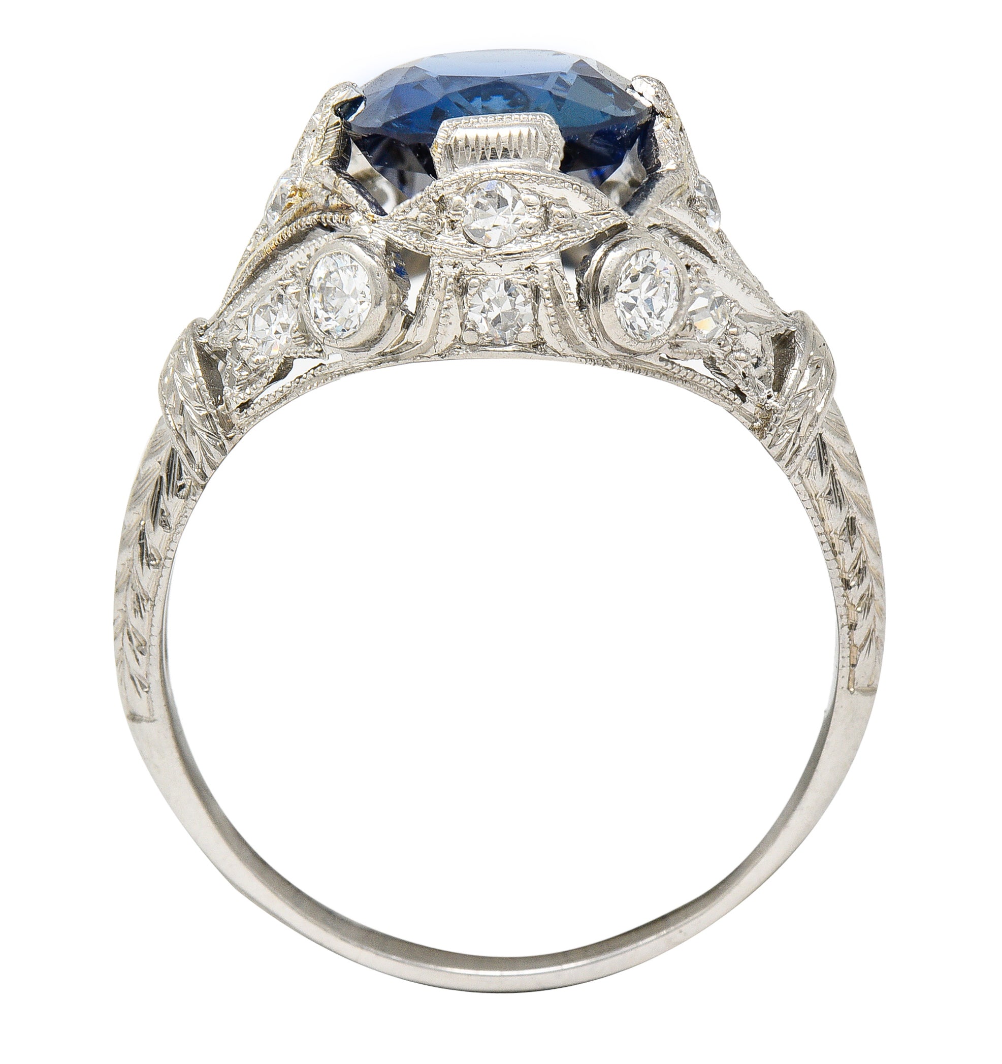 Art Deco 3.21 CTW No Heat Cushion Cut Sapphire Diamond Platinum Fleur-De-Lis Gemstone Ring Wilson's Estate Jewelry