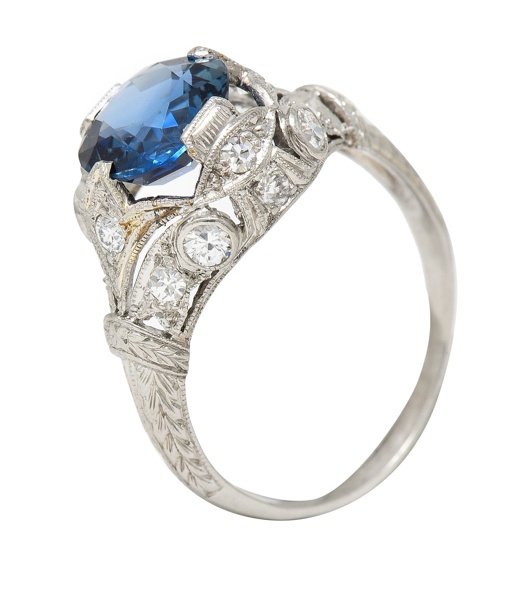 Art Deco 3.21 CTW No Heat Cushion Cut Sapphire Diamond Platinum Fleur-De-Lis Gemstone Ring Wilson's Estate Jewelry