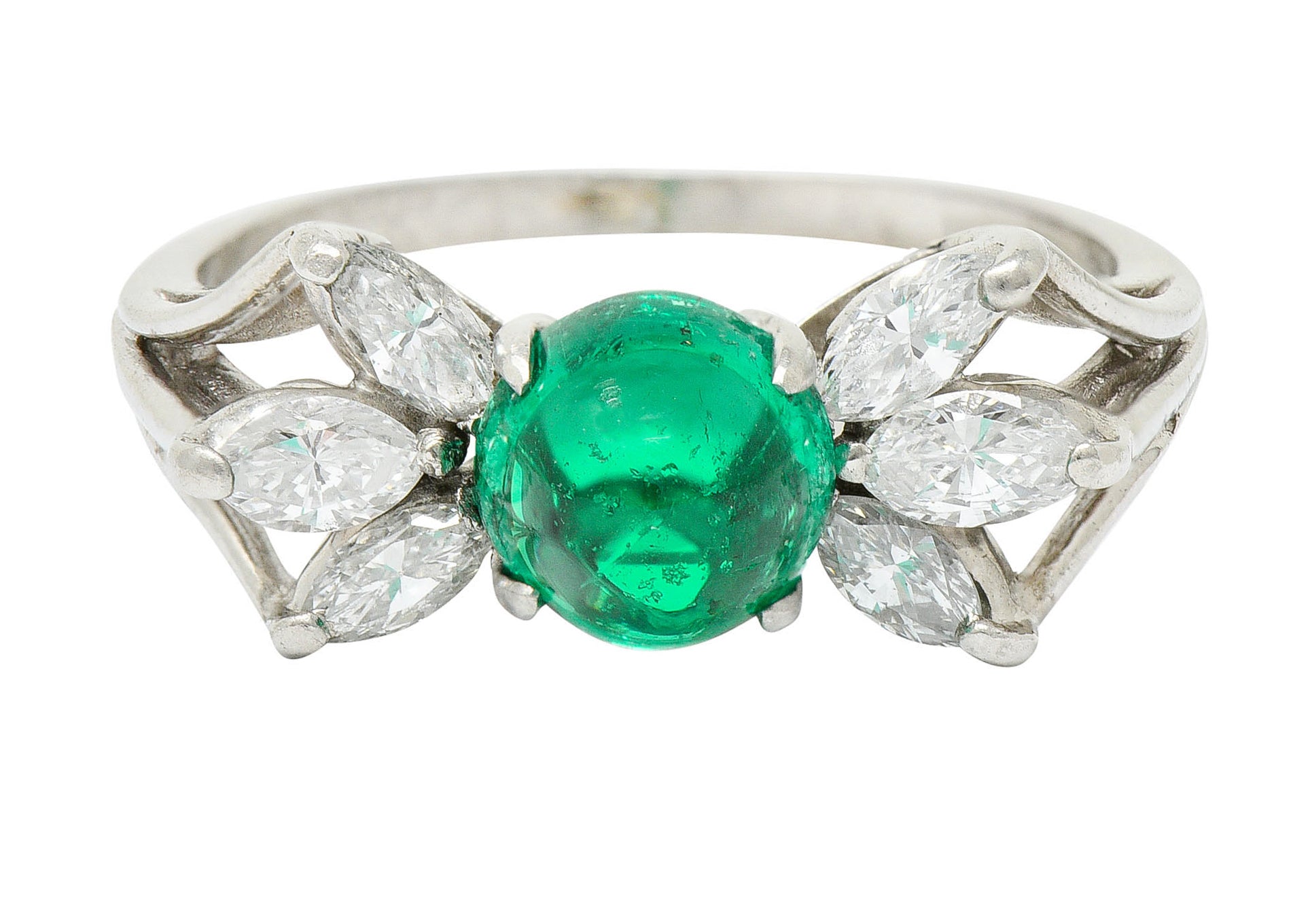 1950's Mid-Century 2.13 CTW Colombian Emerald Diamond Platinum Bow Cluster Ring AGLRing - Wilson's Estate Jewelry