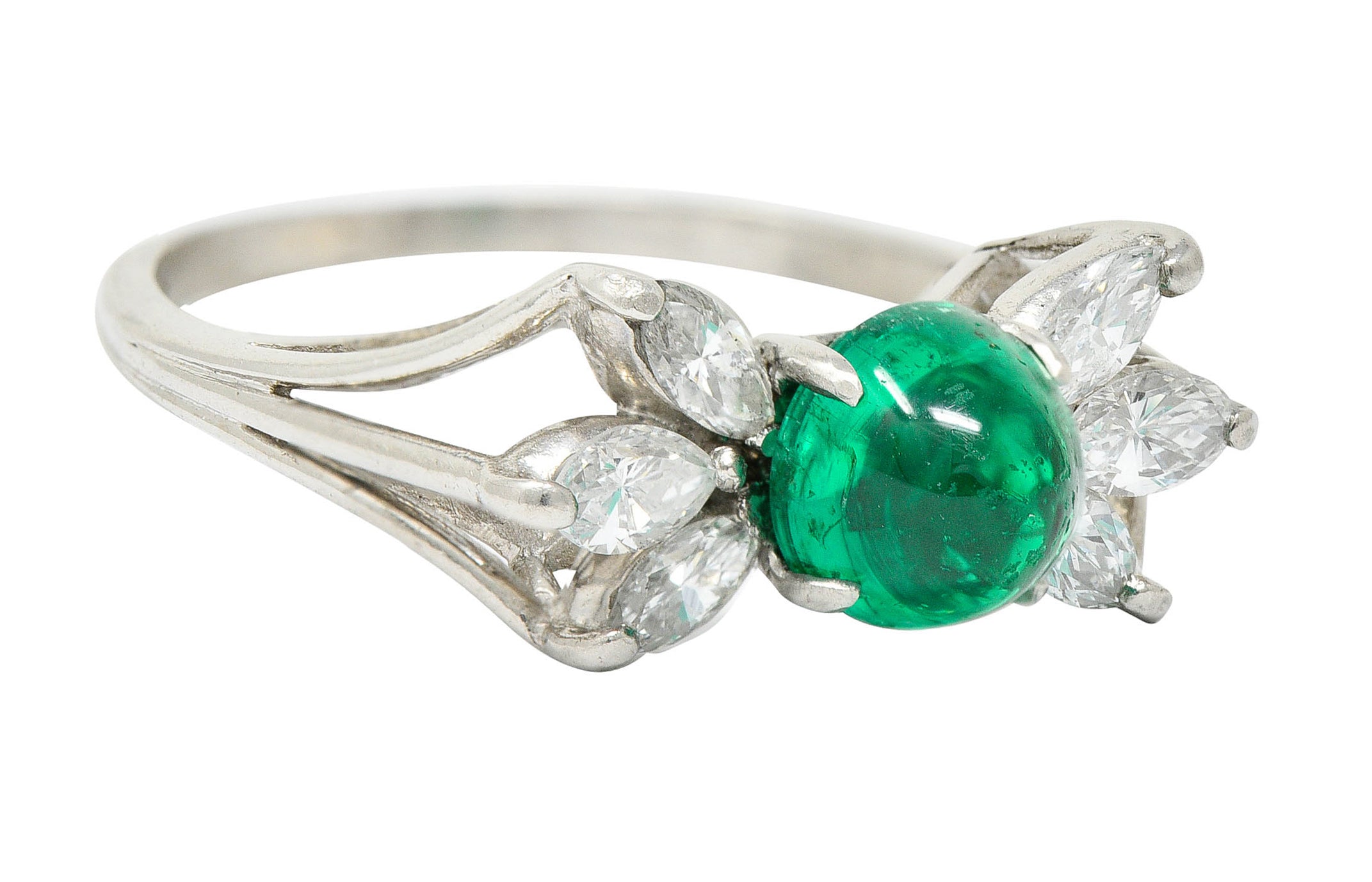 1950's Mid-Century 2.13 CTW Colombian Emerald Diamond Platinum Bow Cluster Ring AGLRing - Wilson's Estate Jewelry