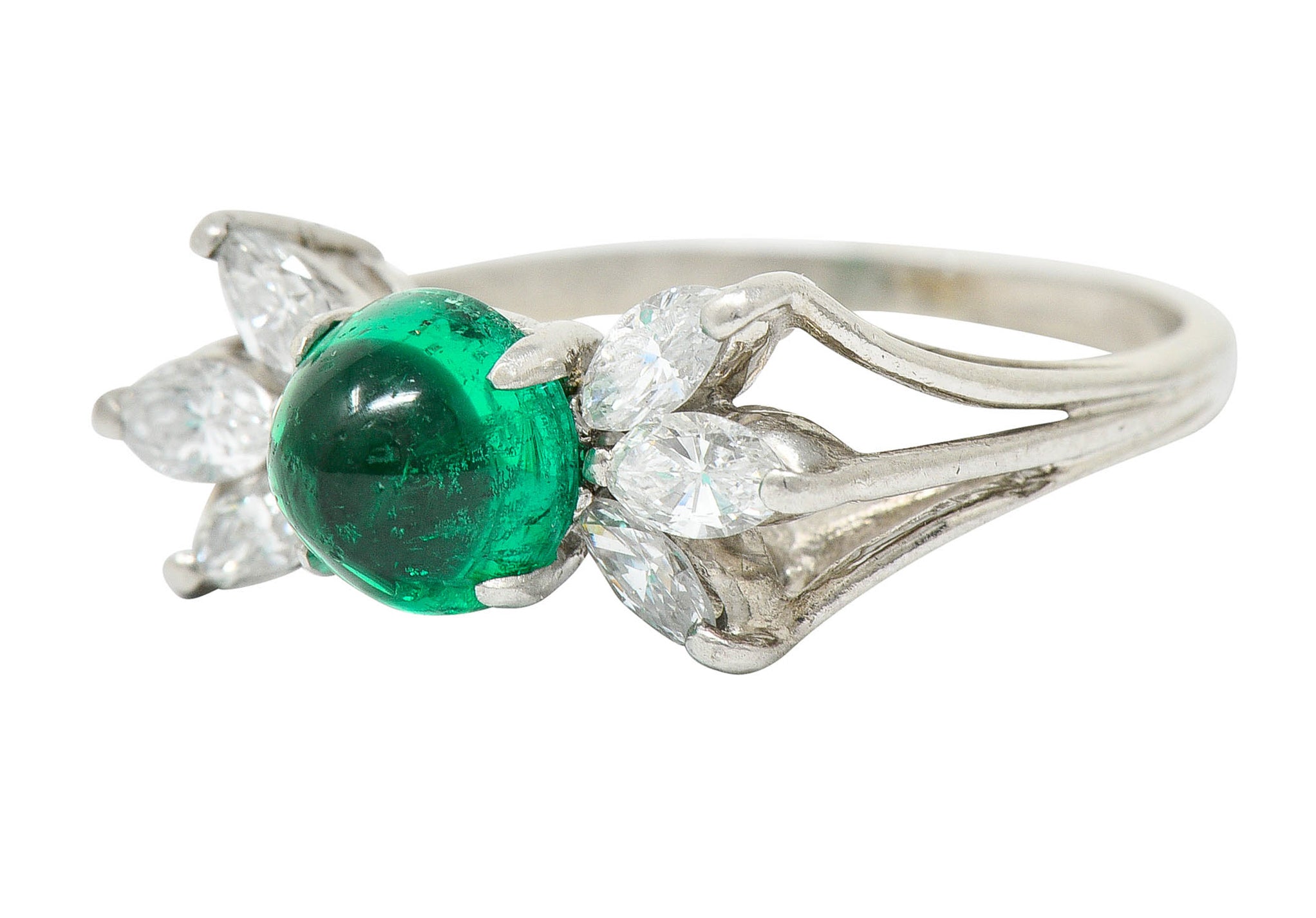 1950's Mid-Century 2.13 CTW Colombian Emerald Diamond Platinum Bow Cluster Ring AGLRing - Wilson's Estate Jewelry