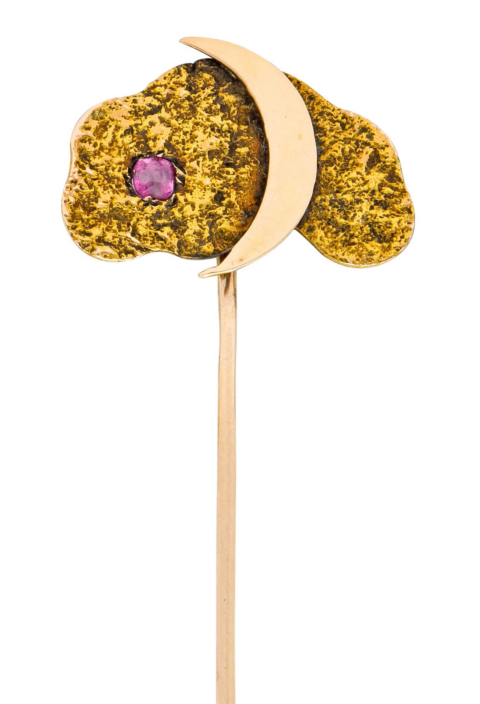 Art Nouveau Ruby 14 Karat Two-Tone Gold Crescent Moon Night Sky Stickpin - Wilson's Estate Jewelry