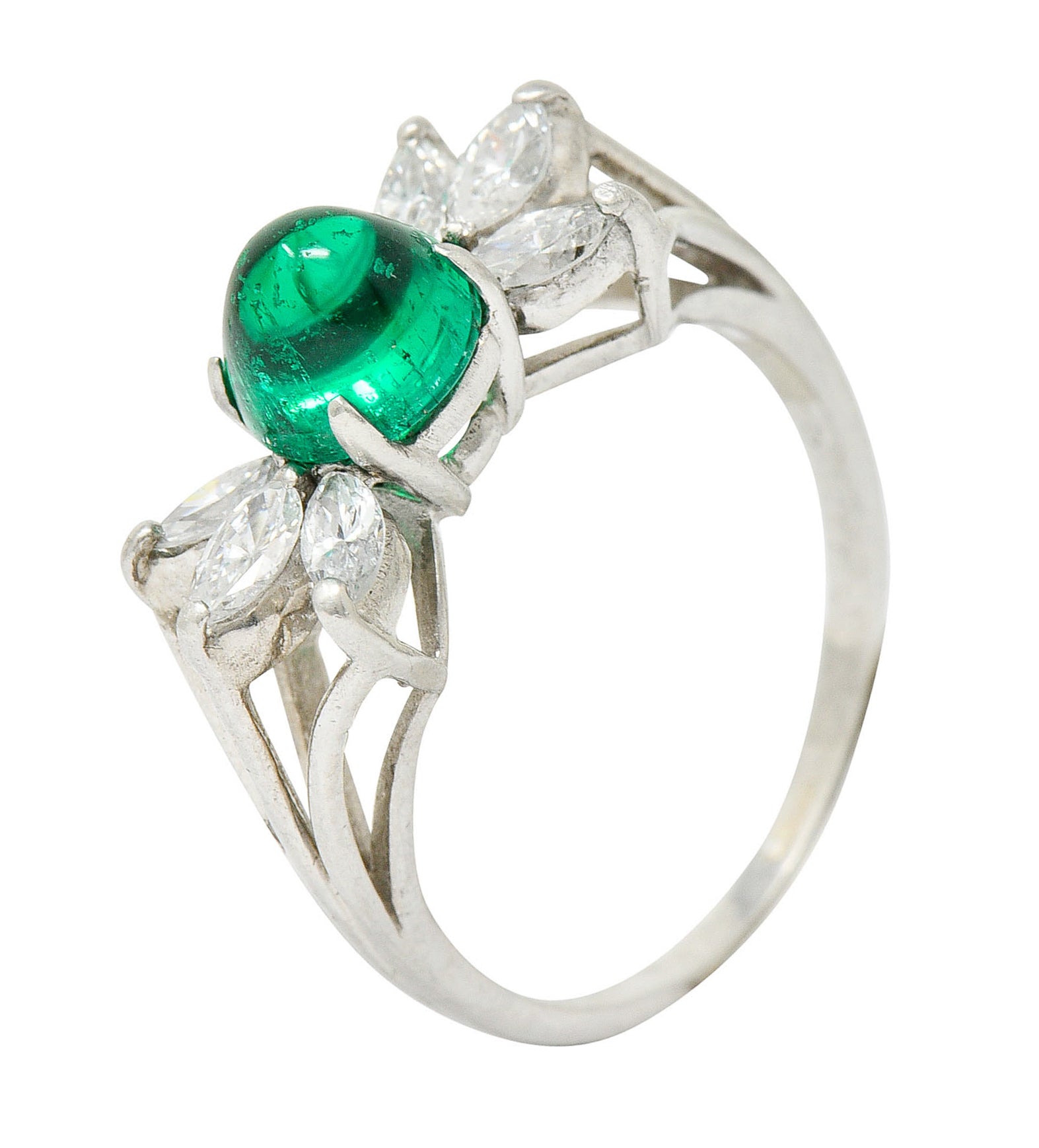 1950's Mid-Century 2.13 CTW Colombian Emerald Diamond Platinum Bow Cluster Ring AGLRing - Wilson's Estate Jewelry