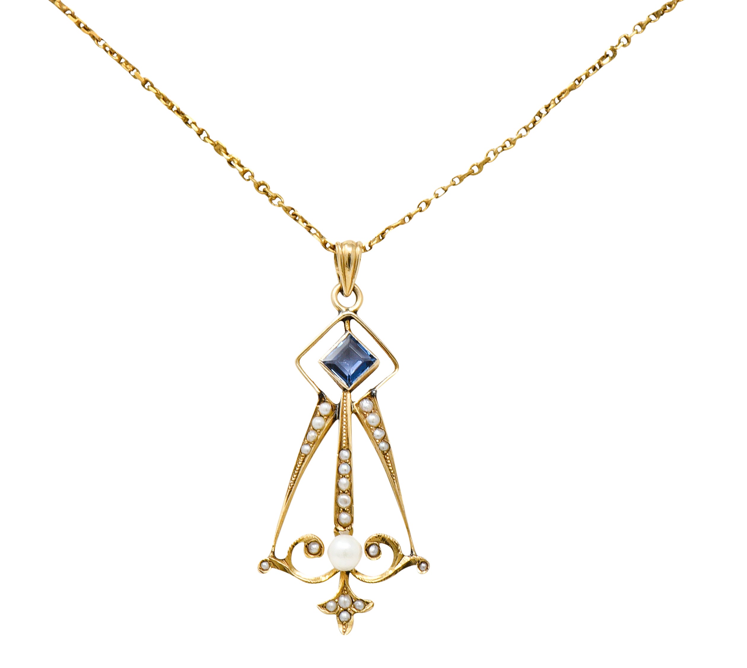 Art Nouveau Sapphire Pearl 14 Karat Gold Pendant NecklaceNecklace - Wilson's Estate Jewelry