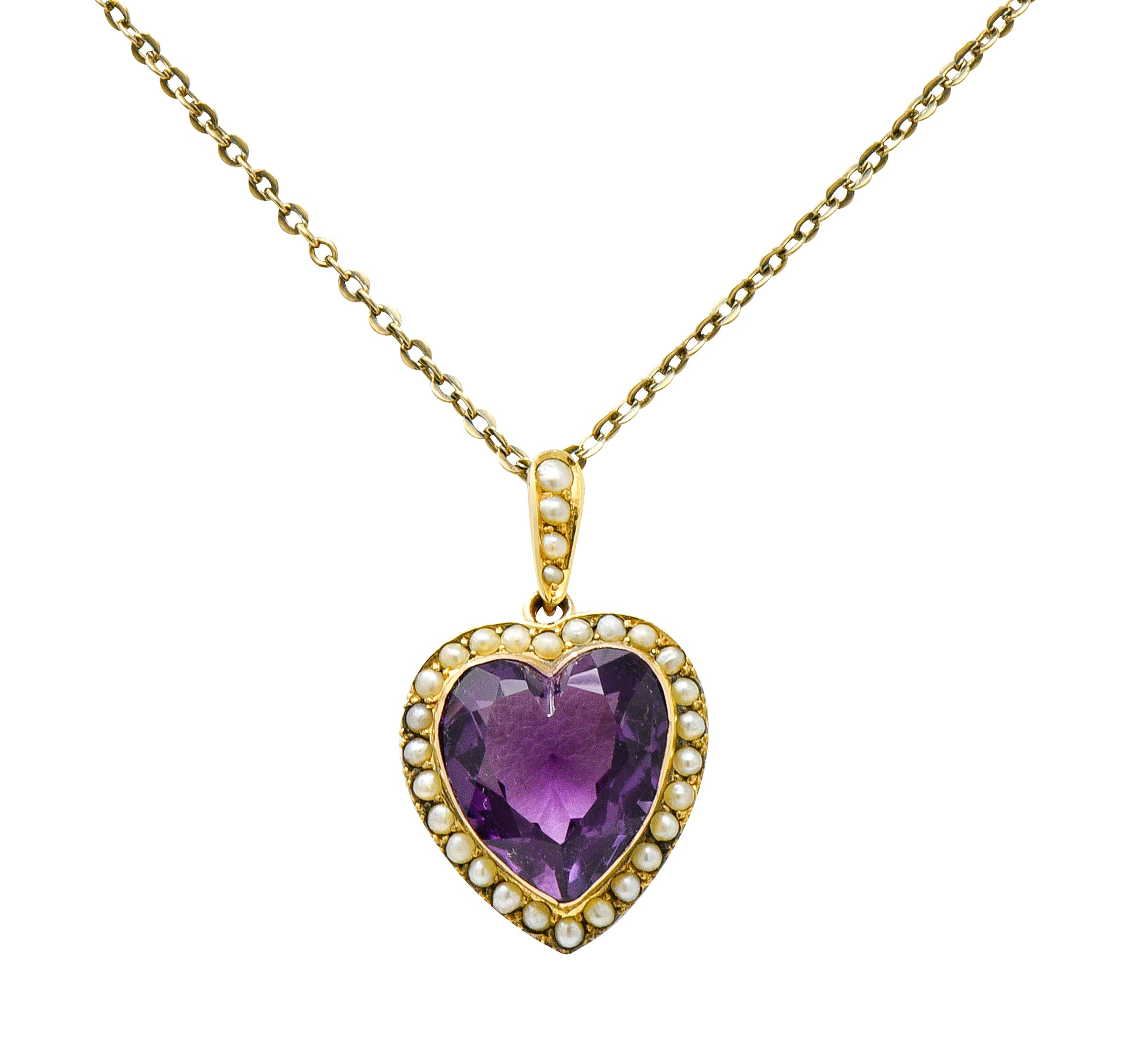 Victorian Amethyst Freshwater Natural Pearl 14 Karat Gold Heart Pendant NecklaceNecklace - Wilson's Estate Jewelry