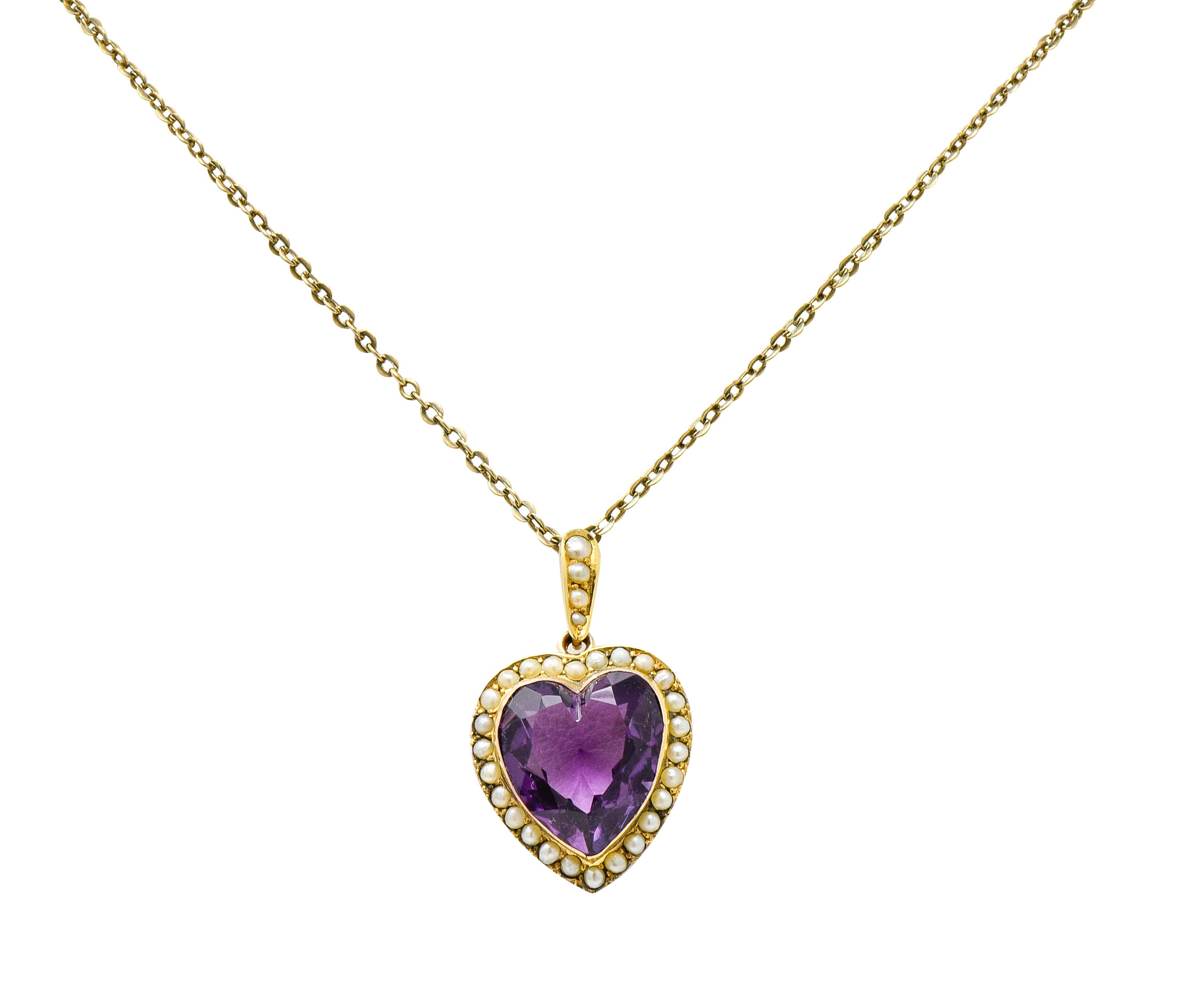 Victorian Amethyst Freshwater Natural Pearl 14 Karat Gold Heart Pendant NecklaceNecklace - Wilson's Estate Jewelry