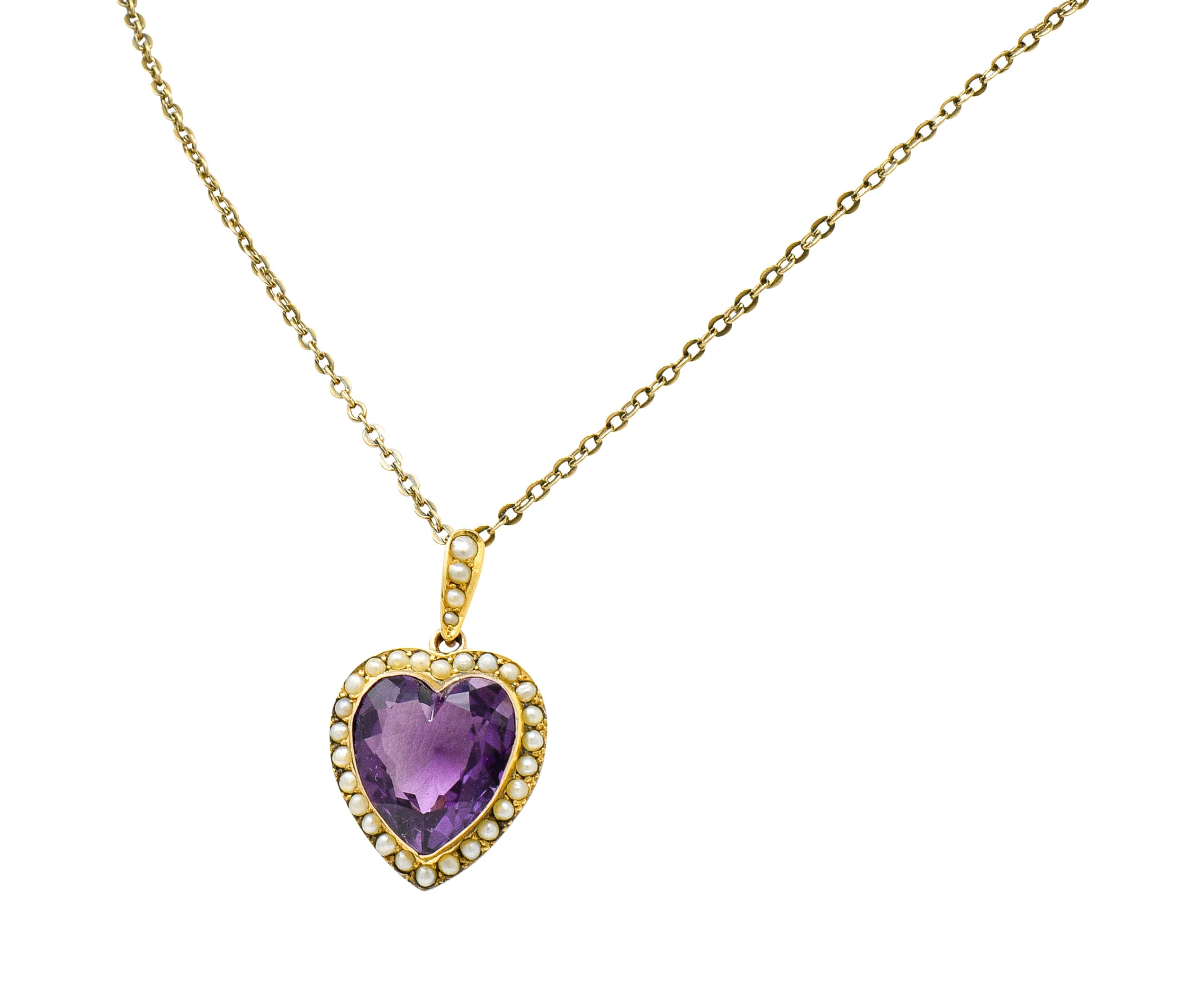 Victorian Amethyst Freshwater Natural Pearl 14 Karat Gold Heart Pendant NecklaceNecklace - Wilson's Estate Jewelry