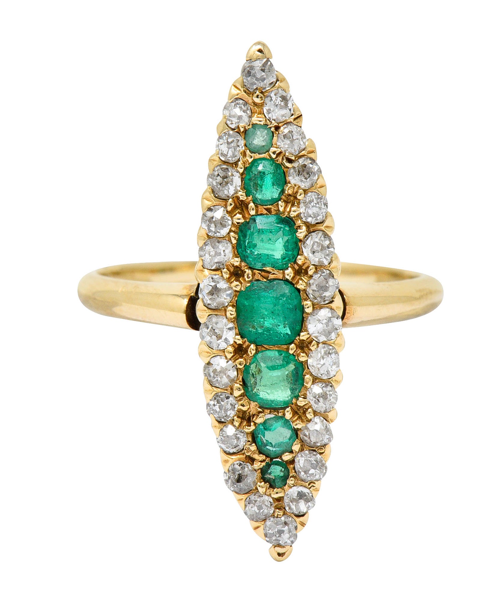 Victorian 1.22 CTW Emerald Diamond 14 Karat Gold Navette Cluster RingRing - Wilson's Estate Jewelry