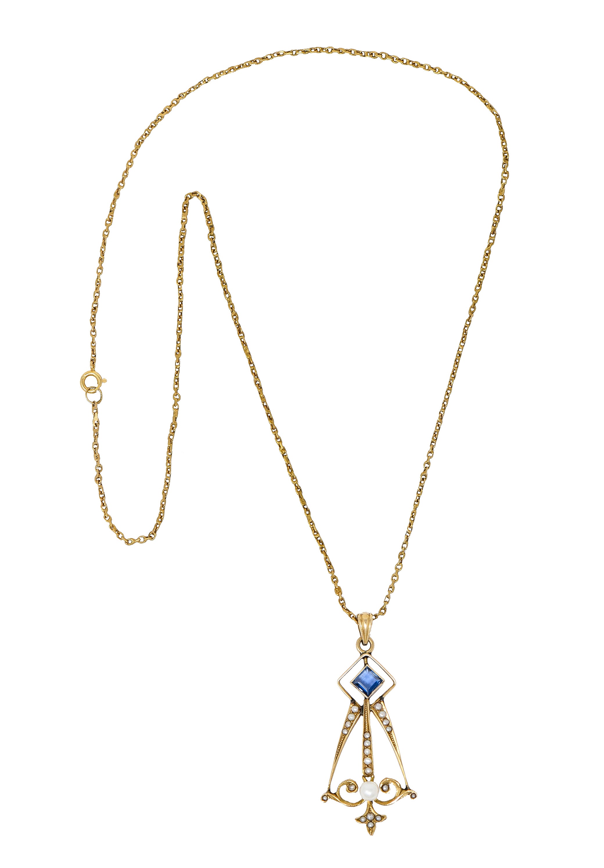 Art Nouveau Sapphire Pearl 14 Karat Gold Pendant NecklaceNecklace - Wilson's Estate Jewelry