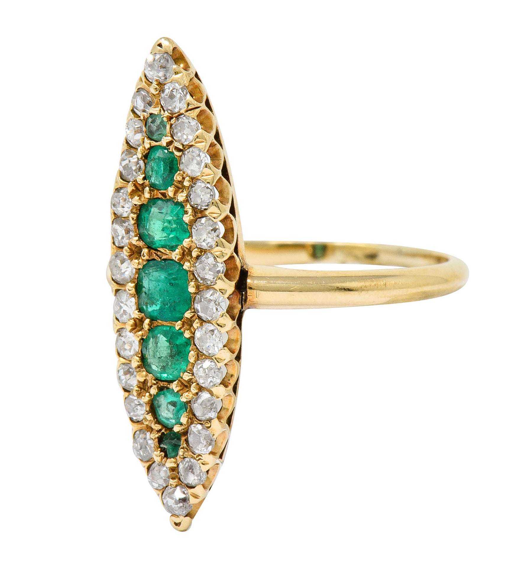 Victorian 1.22 CTW Emerald Diamond 14 Karat Gold Navette Cluster RingRing - Wilson's Estate Jewelry