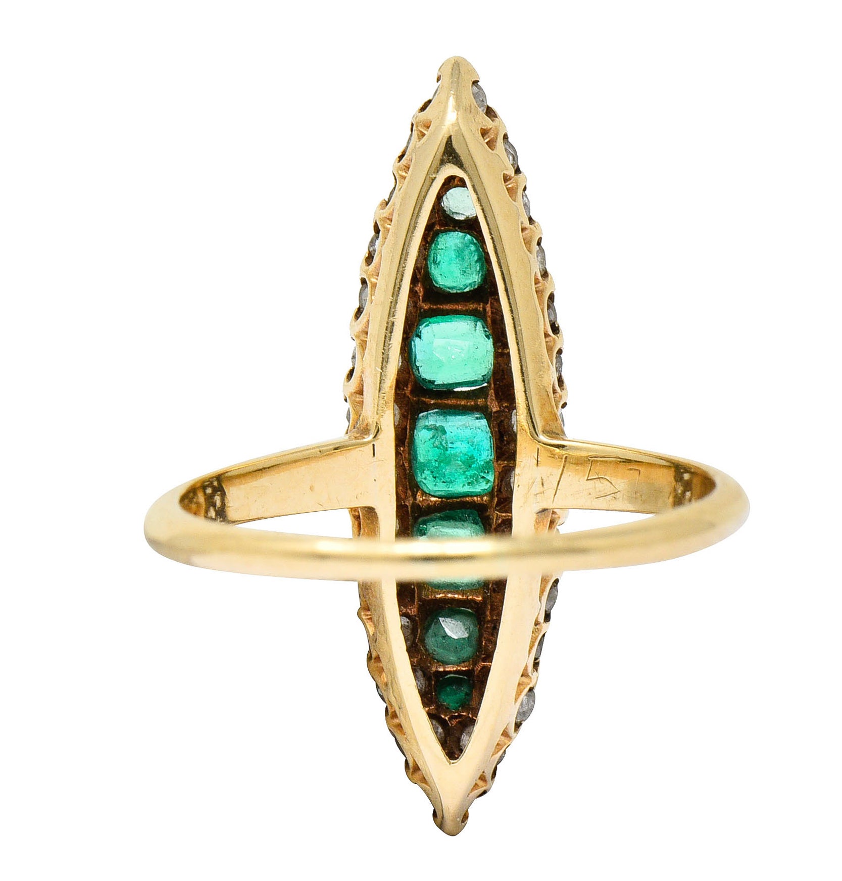 Victorian 1.22 CTW Emerald Diamond 14 Karat Gold Navette Cluster RingRing - Wilson's Estate Jewelry