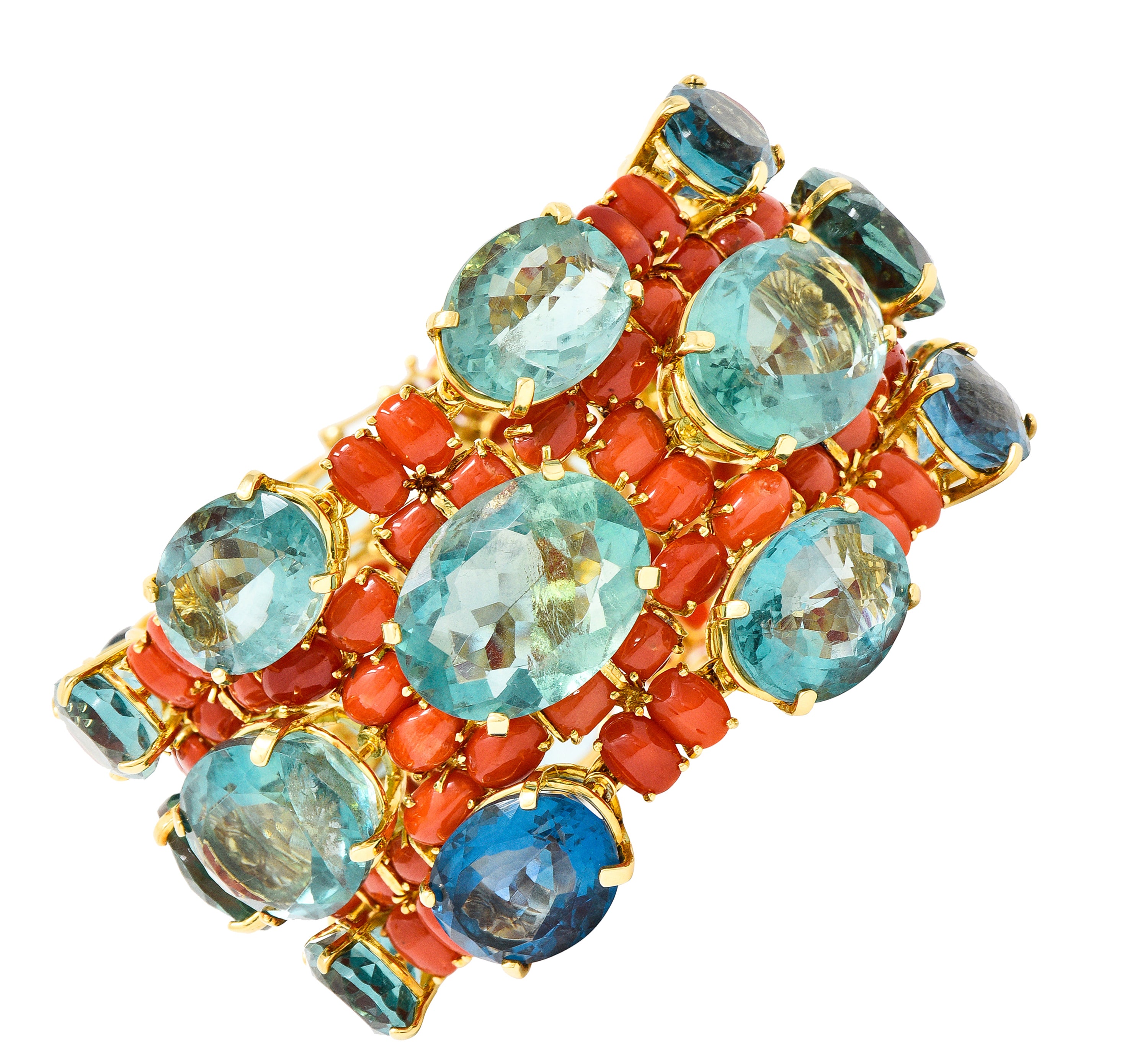 Tony Douquette 1960's Coral Fluorite 18 Karat Yellow Gold Substantial Vintage Multi-Gem Bracelet Wilson's Estate Jewelry