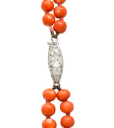 Art Deco Old Mine Diamond Coral Platinum Layered Bead Multi Strand Necklace